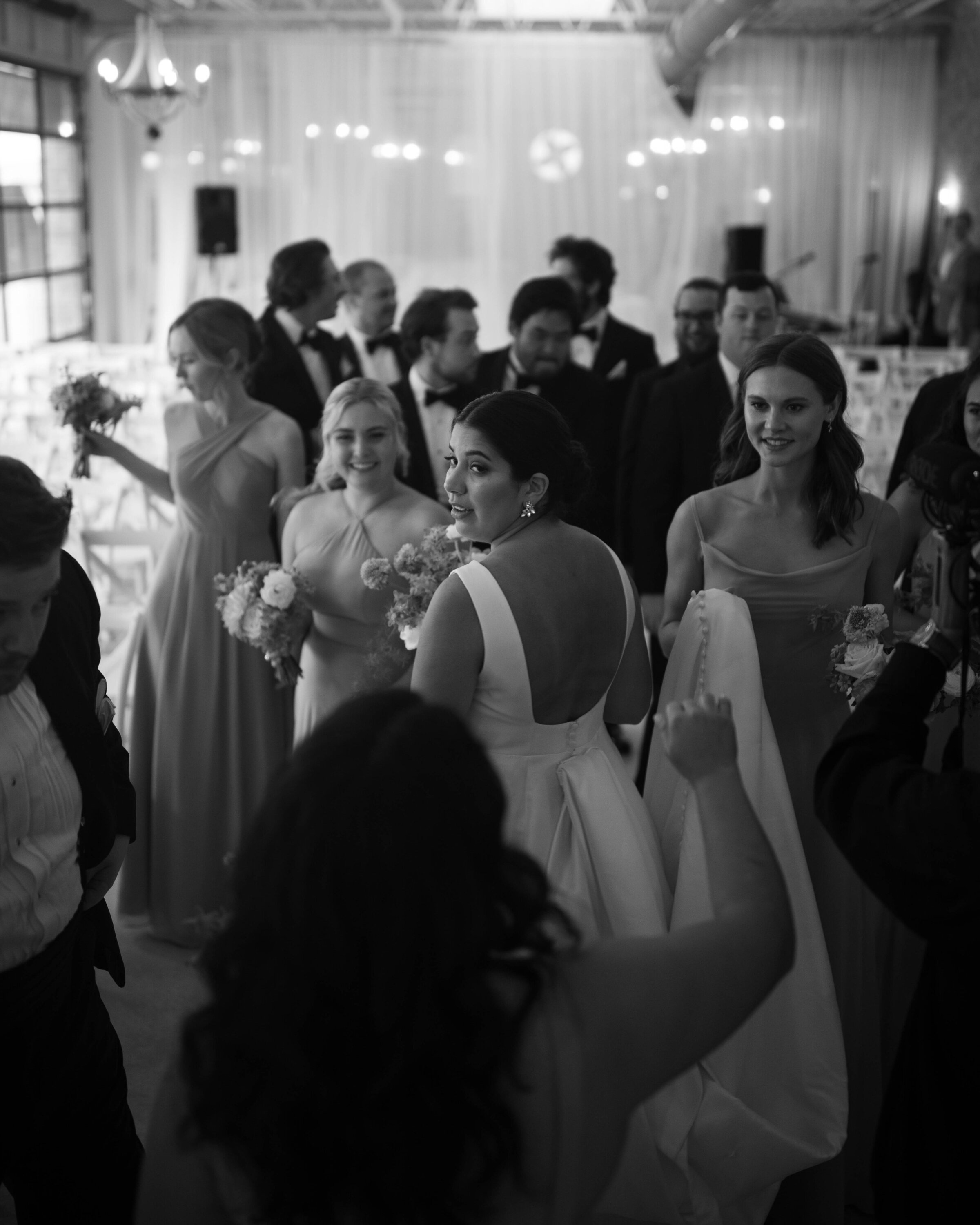 black and white candid wedding photography french bustle wedding dress on north carolina bride