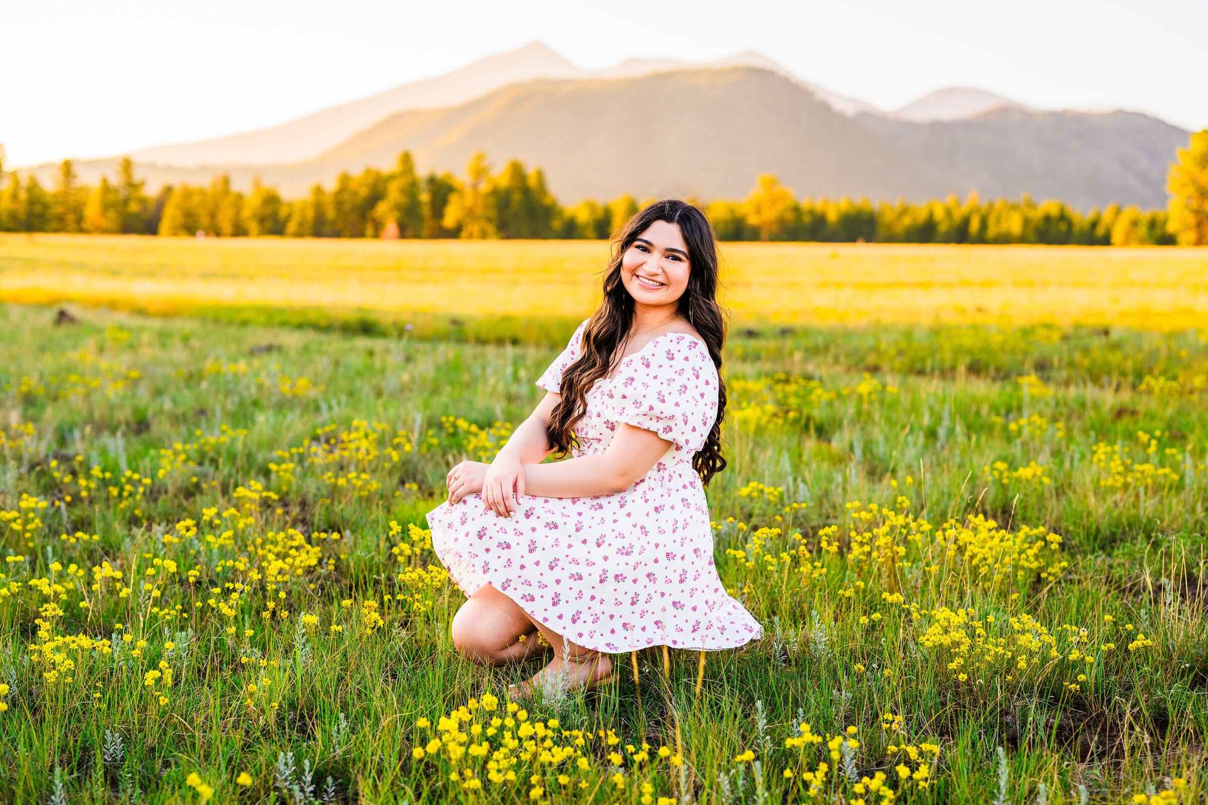 NAU senior wearing dress in field of flowers in Flagstaff Arizona Buffalo Park