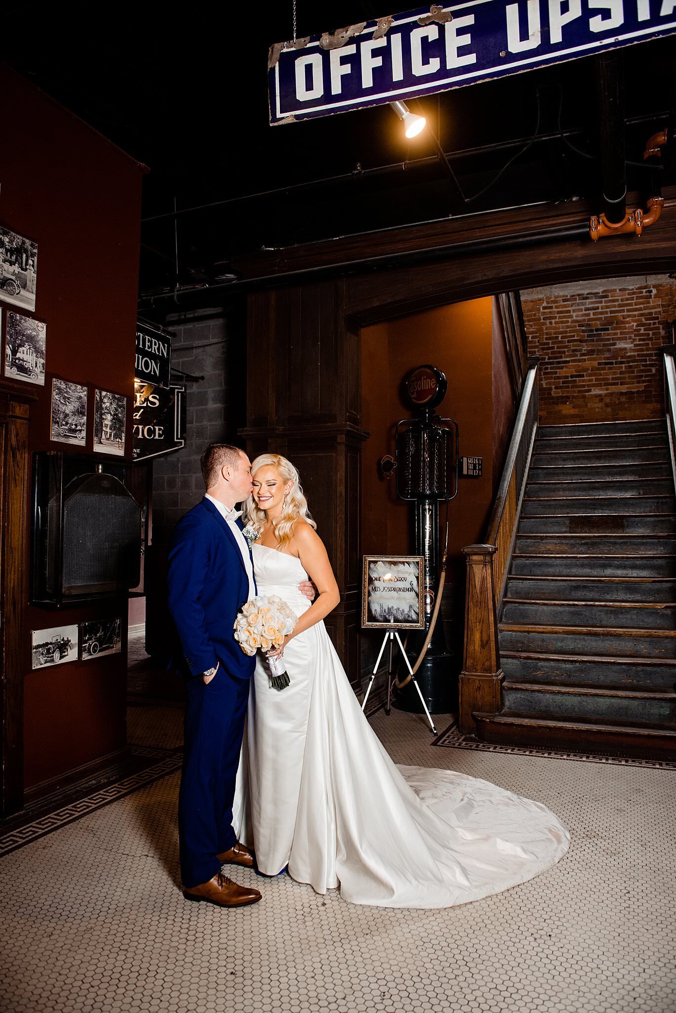 Bride and groom portrait in the first floor lobby at Marathon Music Works