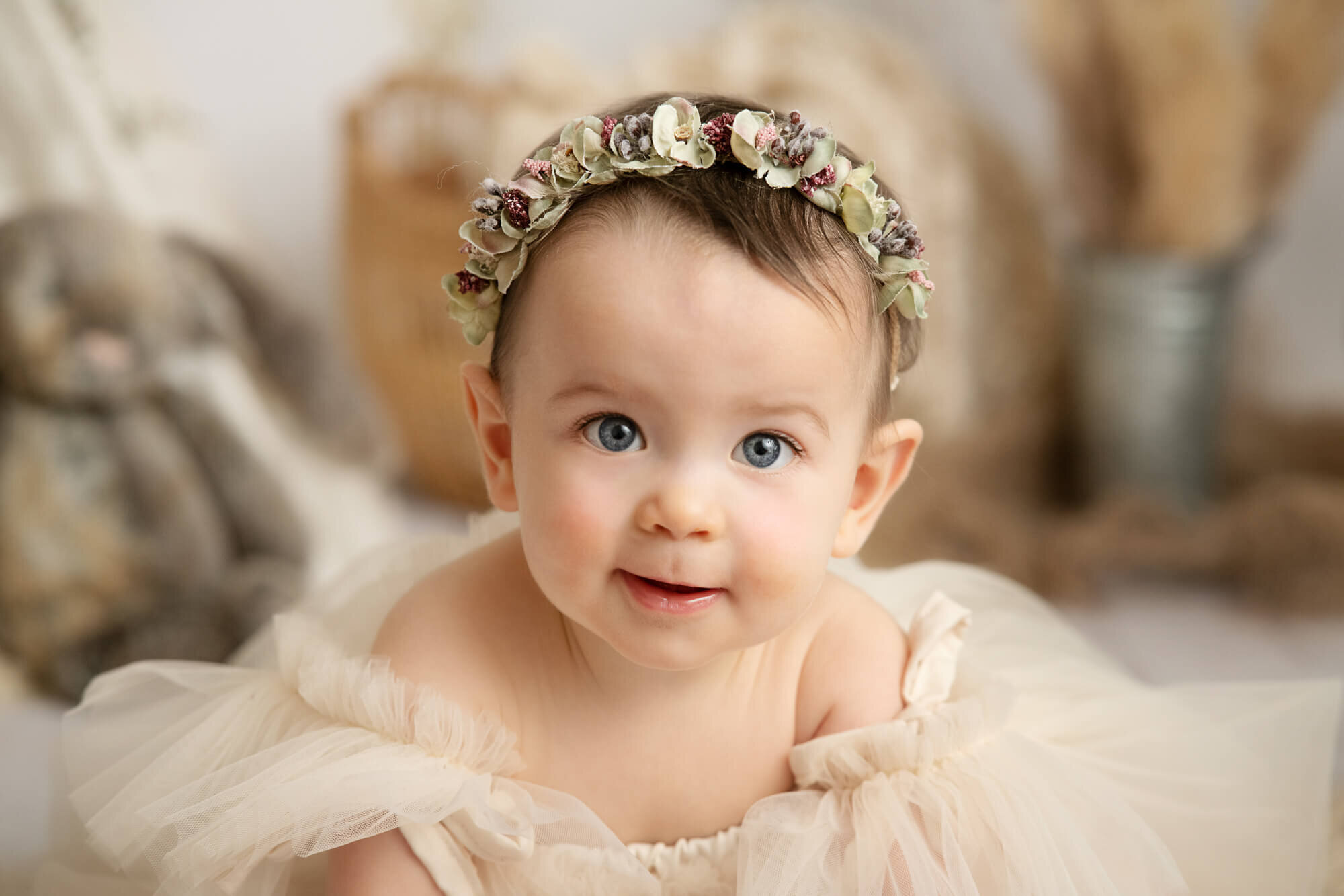 Baby girl with ruffle dress close up