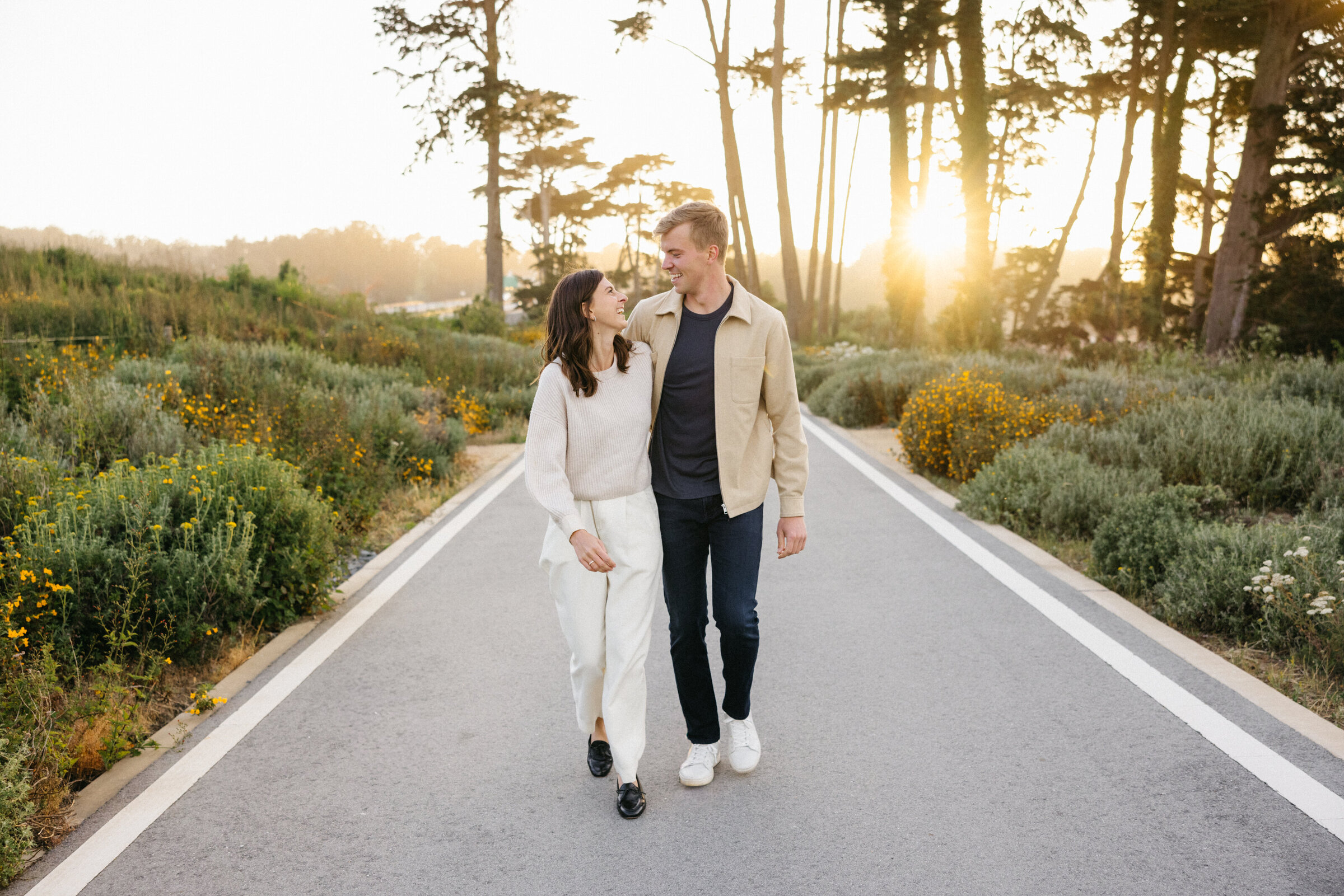 san francisco presidio couple engagement session with golden light