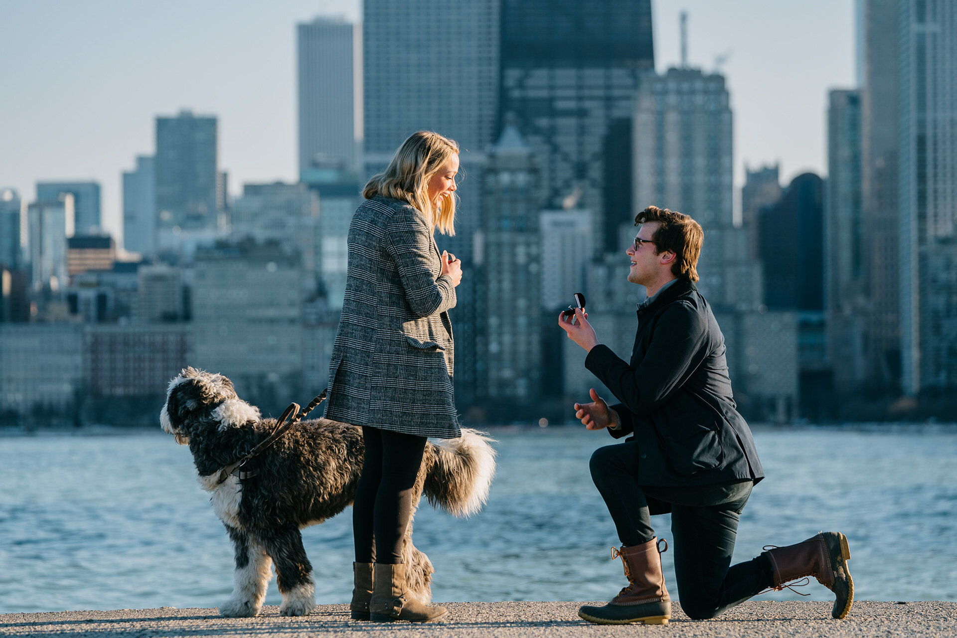 North Avenue Beach proposal with Chicago skyline in background