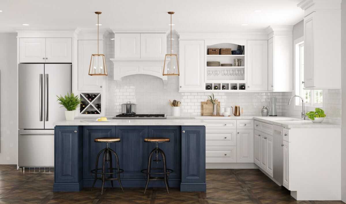 Blue and white kitchen cabinetry Schrock Cabinetry with gold pendant lights.