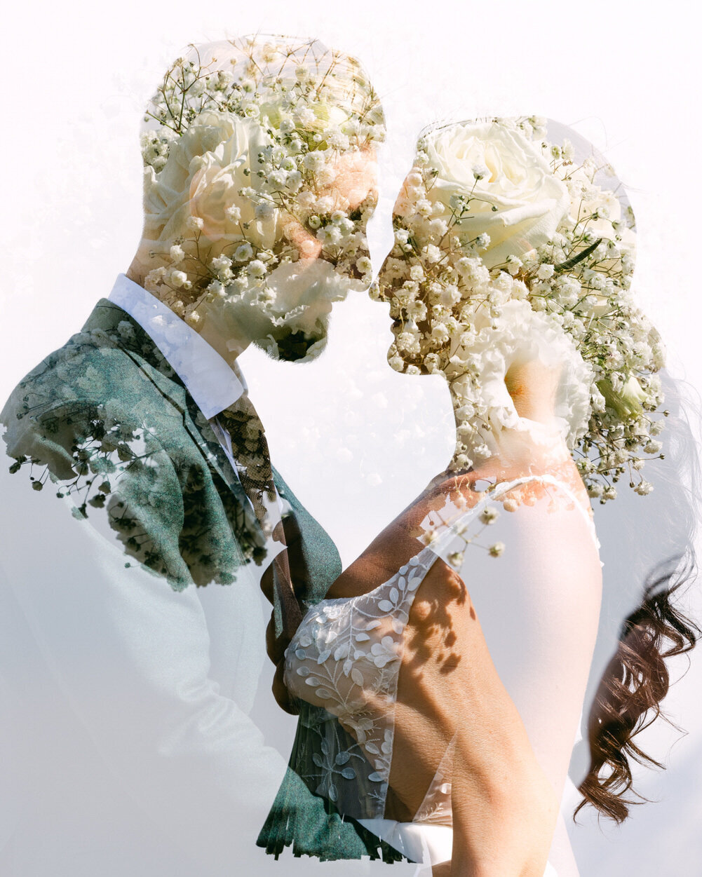 This artistic double exposure portrait captures a bride and groom gazing into each other’s eyes during their mountain wedding. The image beautifully merges their loving exchange with the sweeping vistas of the rugged terrain, symbolizing the profound connection they share and the grandeur of their ceremony’s setting.
