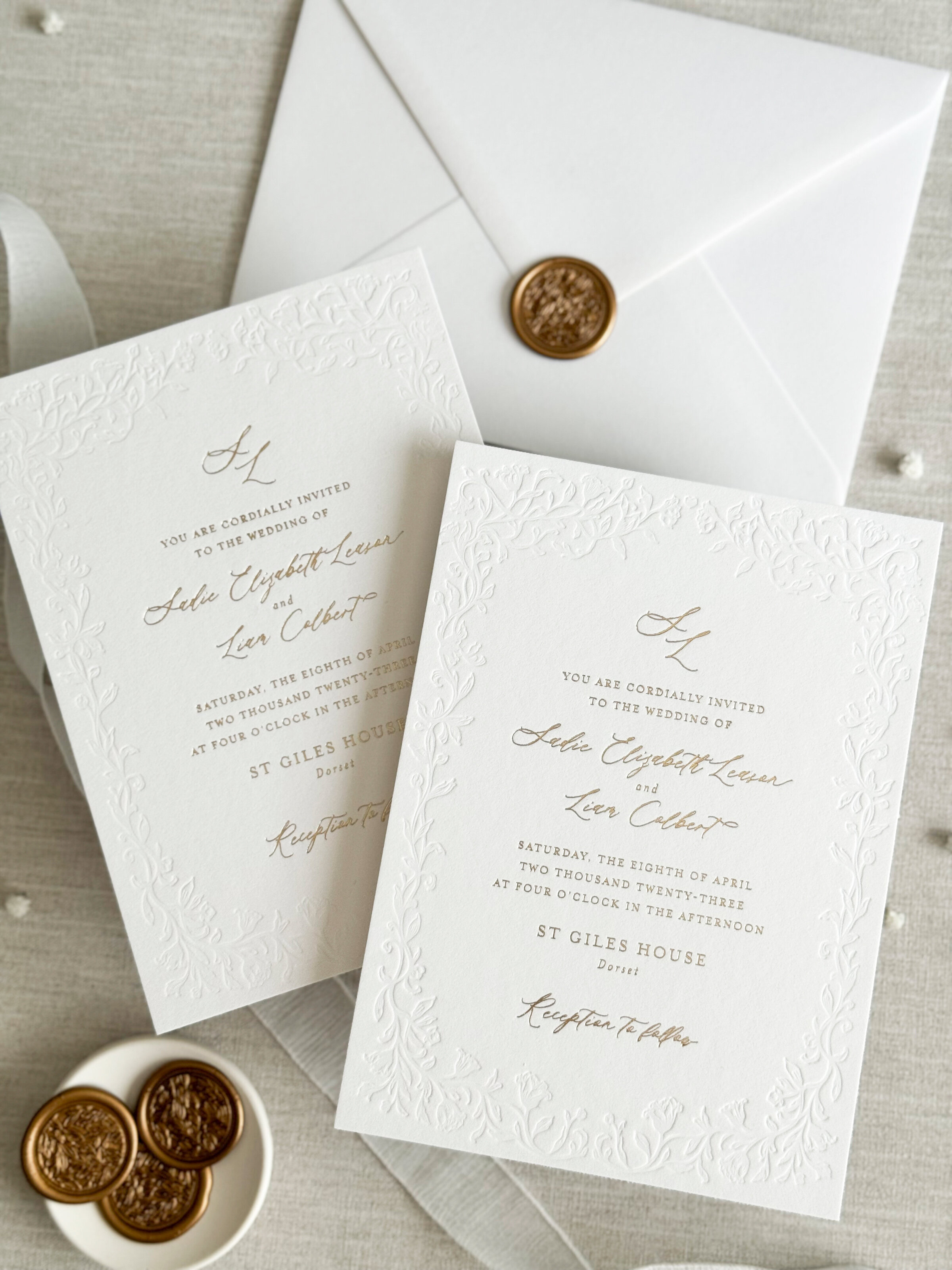 Gold foil and blind deboss wedding invitation