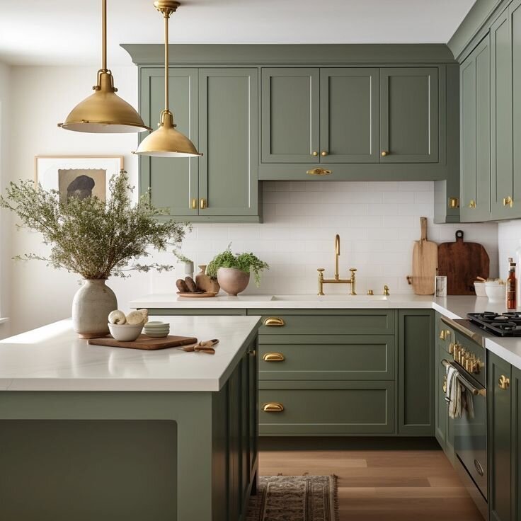 Southington kitchen remodel with gorgeous green cabinetry, LVT flooring, and brushed gold hardware. 