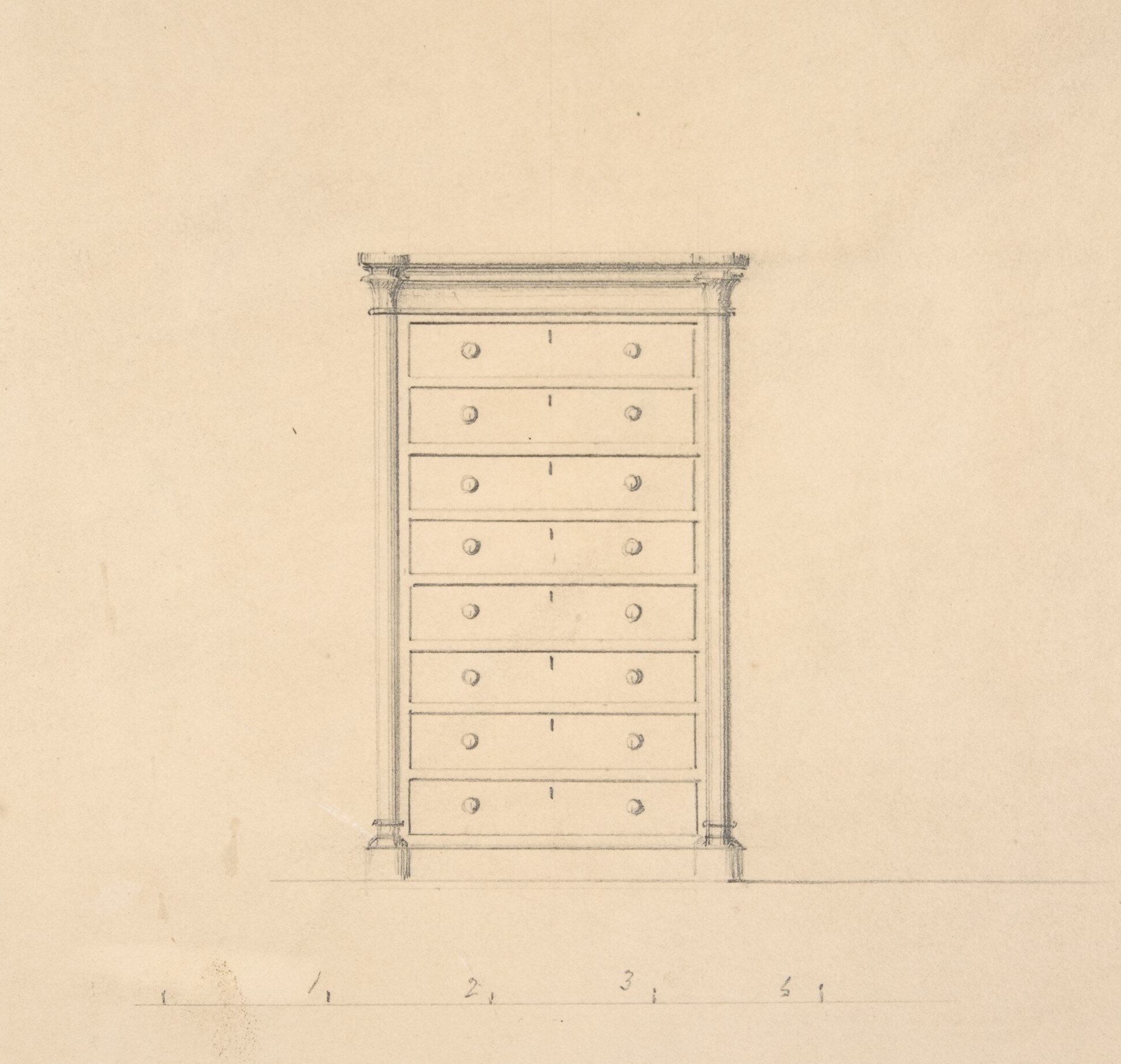 antique drawing sketch of a bureau of  8 drawers