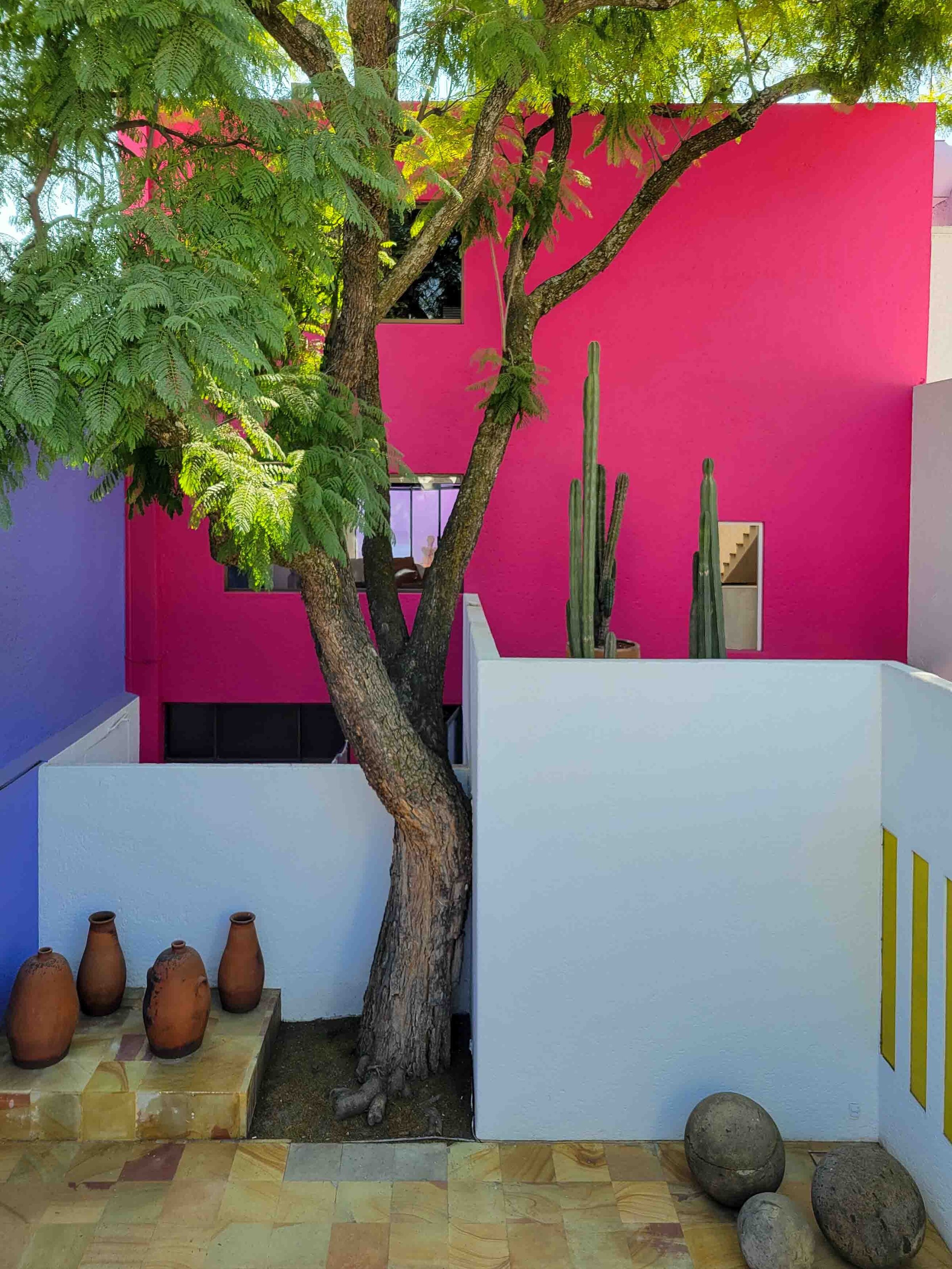 The courtyard of Casa Gilardi, designed by architect Luis Barragan, with its pink, purple, and white walls surrounding a jacaranda tree ©Stephanie Dosch | theViatrix Luxury Travel