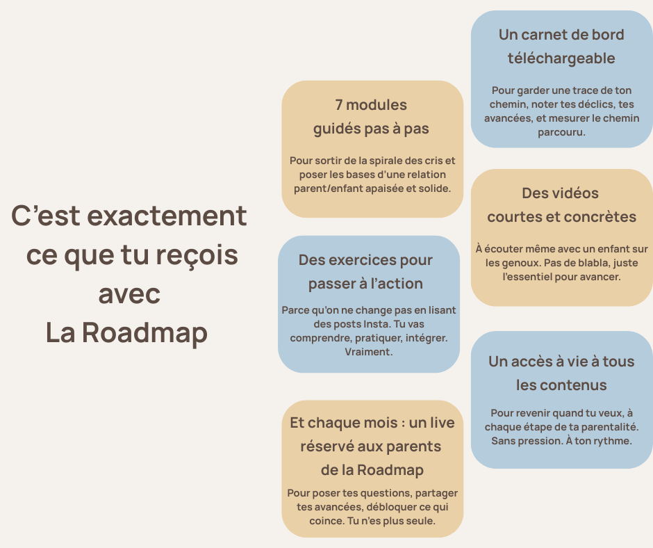 7 modules guidés, des exercices pour passer à l'action, des vidéos courtes et concrètes, un accès à vie à tous les contenus, le live réservé aux parents de la Roadmap