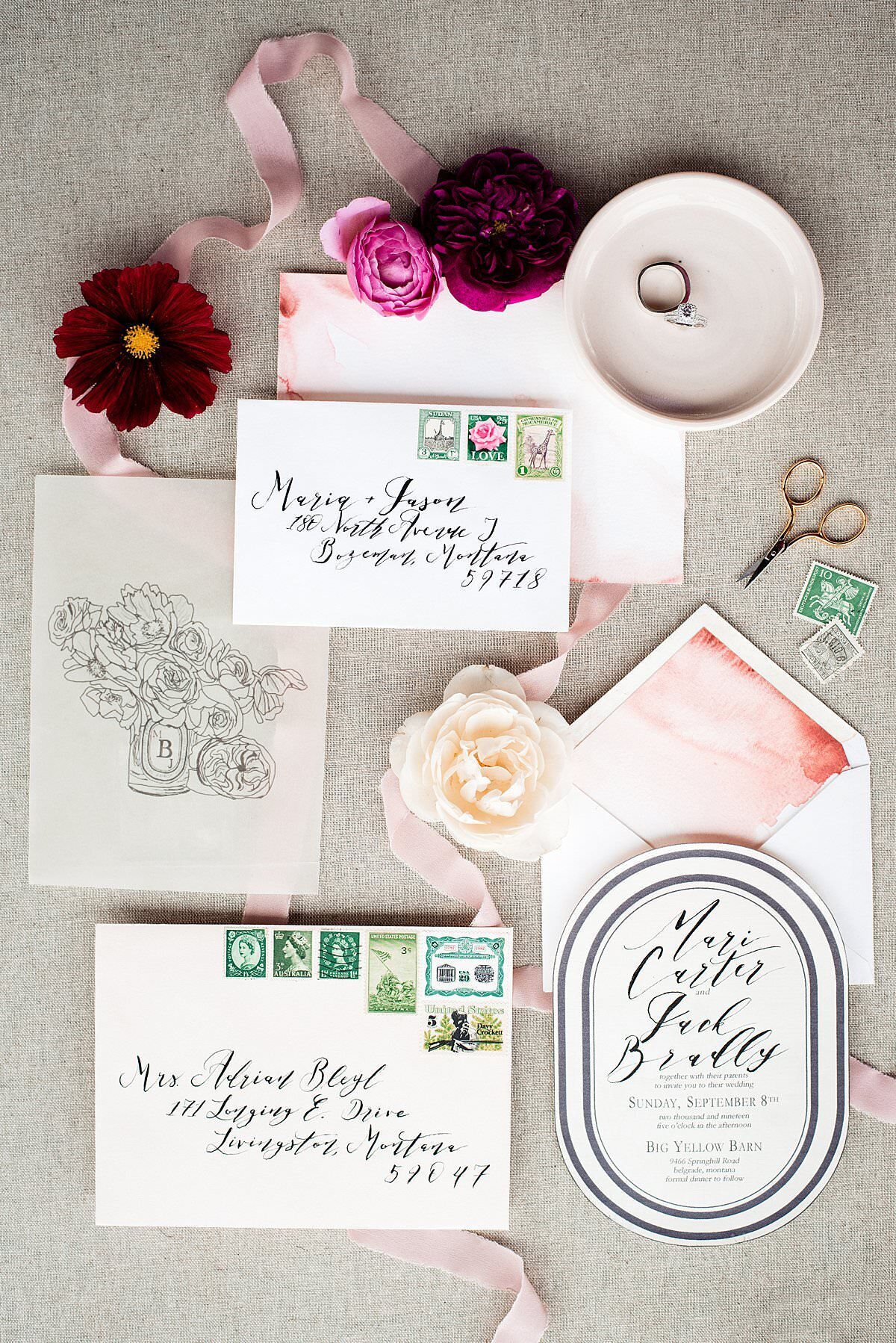 Ivory Wedding stationary with custom calligraphy, hand drawn line art and watercolor liner