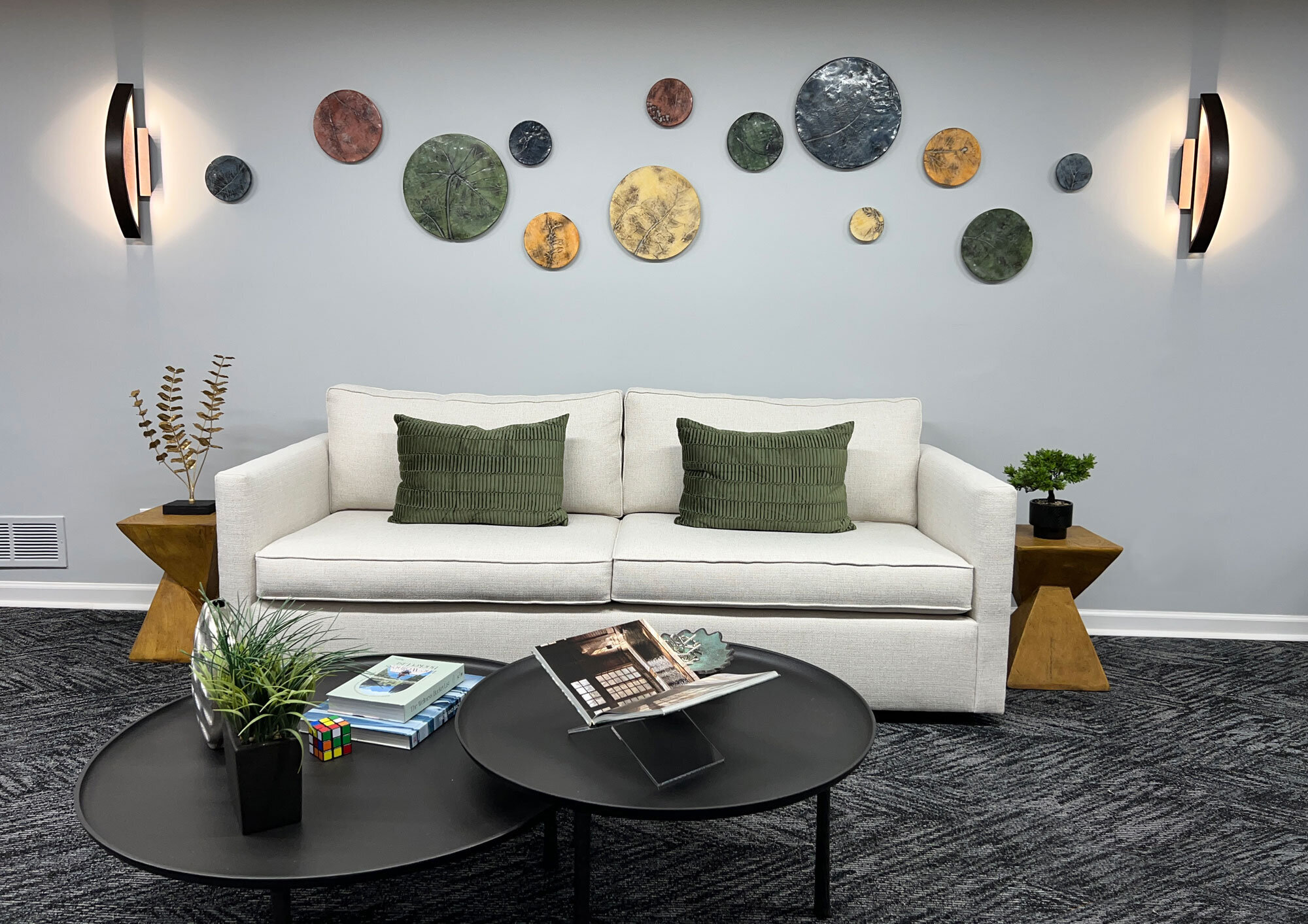 Ink-and-Indigo,-Custom-Inlaid-Botanical-Disks,-dimensional-paperclay-art-installation-for-Mason-Mill-Chiropractic-installation-view-1-