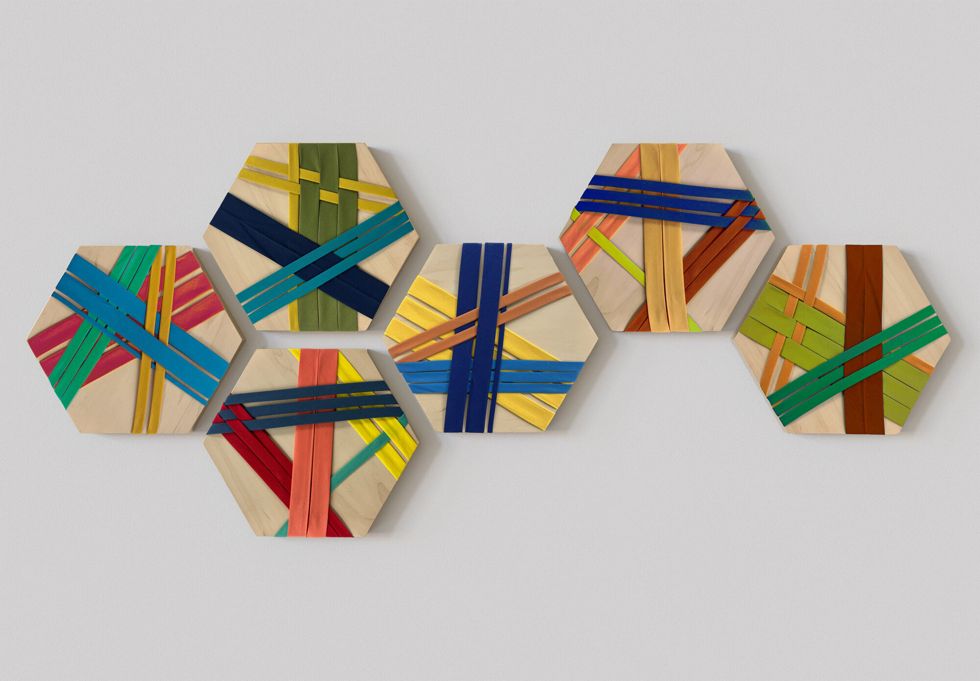 Emily Mann | Ink and Indigo, Flex Hex Series, customizable plywood hexagon panels with cord overlay, 12 in dia each, sold in sets of 6,  dimensional art for Hospitality, Healthcare, and Corporate Spaces 