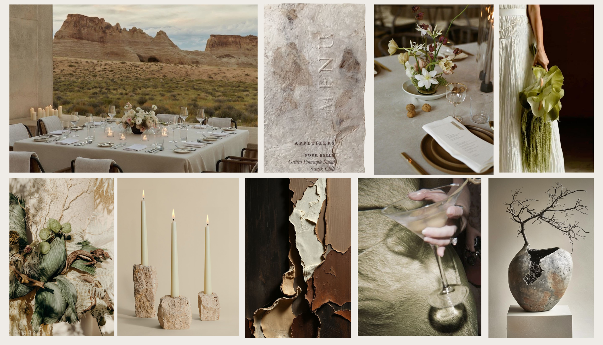 Earthy and Elevated wedding mood board featuring natural textures, neutral palettes, wood and stone accents, and refined organic design.