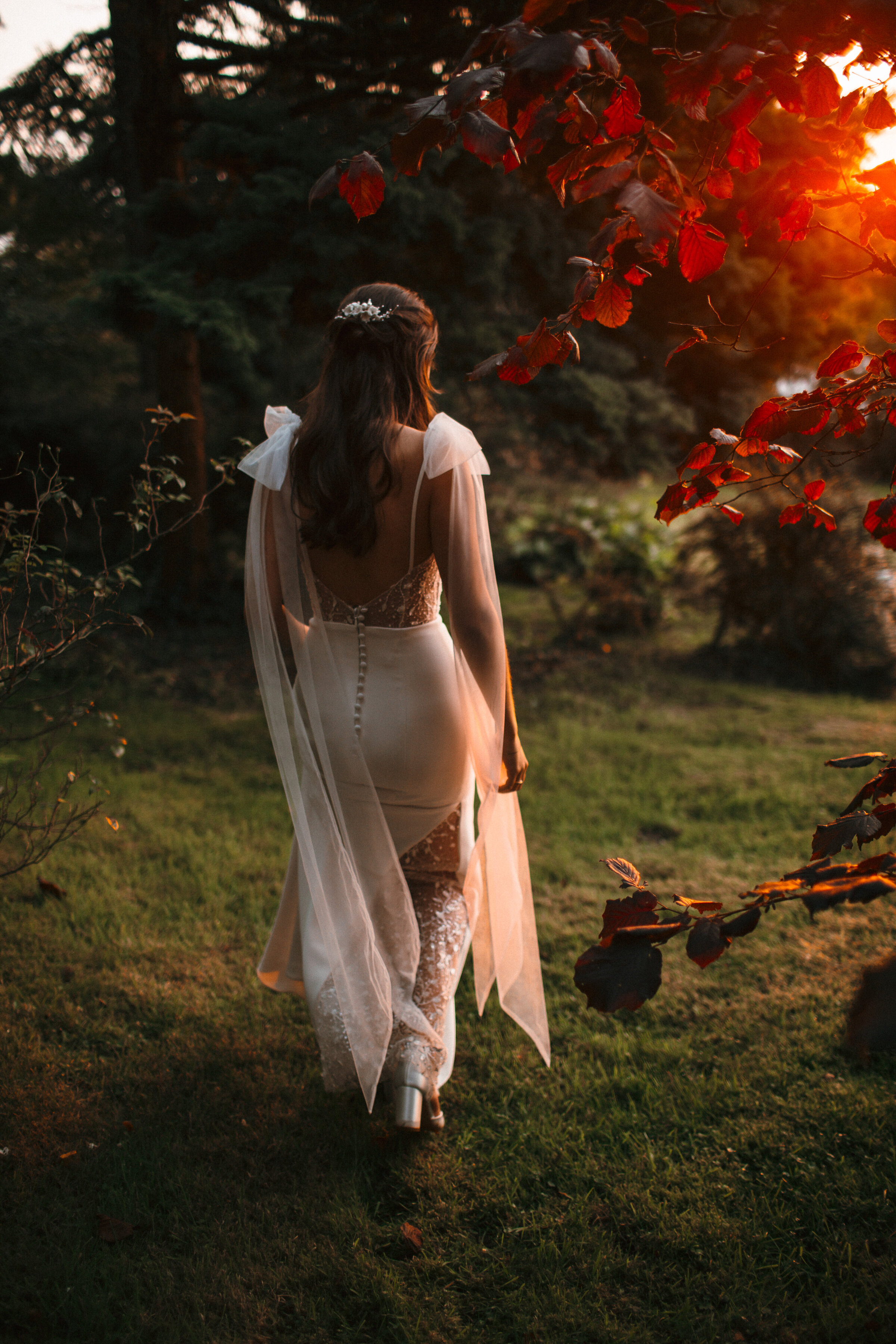 Red leaves and great light bridal portraits in Devon