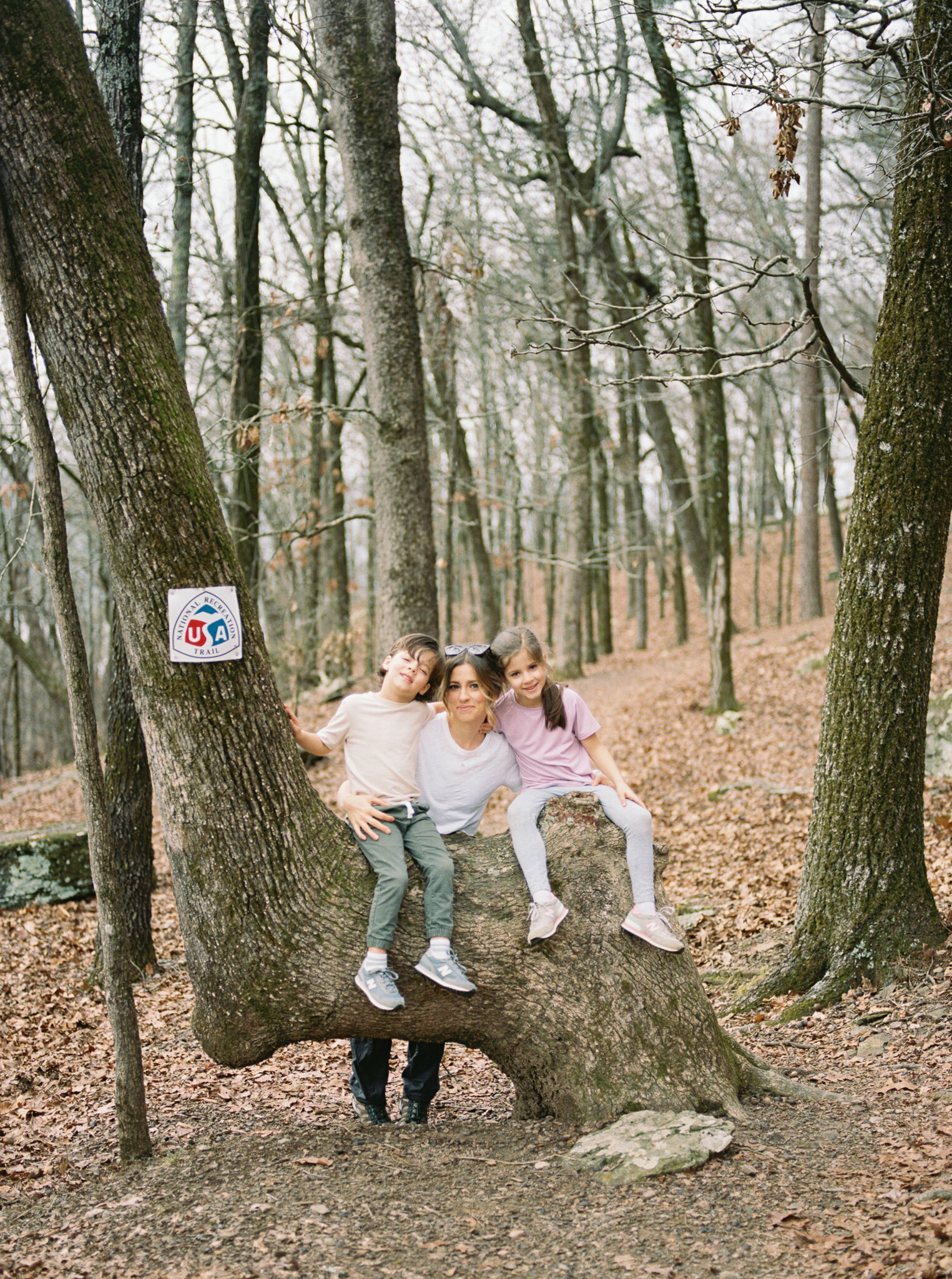 Photographer Little Rock Bailey Feeler embraces her two young children sitting in a tree on a trailhead of Sugar Loaf Mountain in Arkansas.
