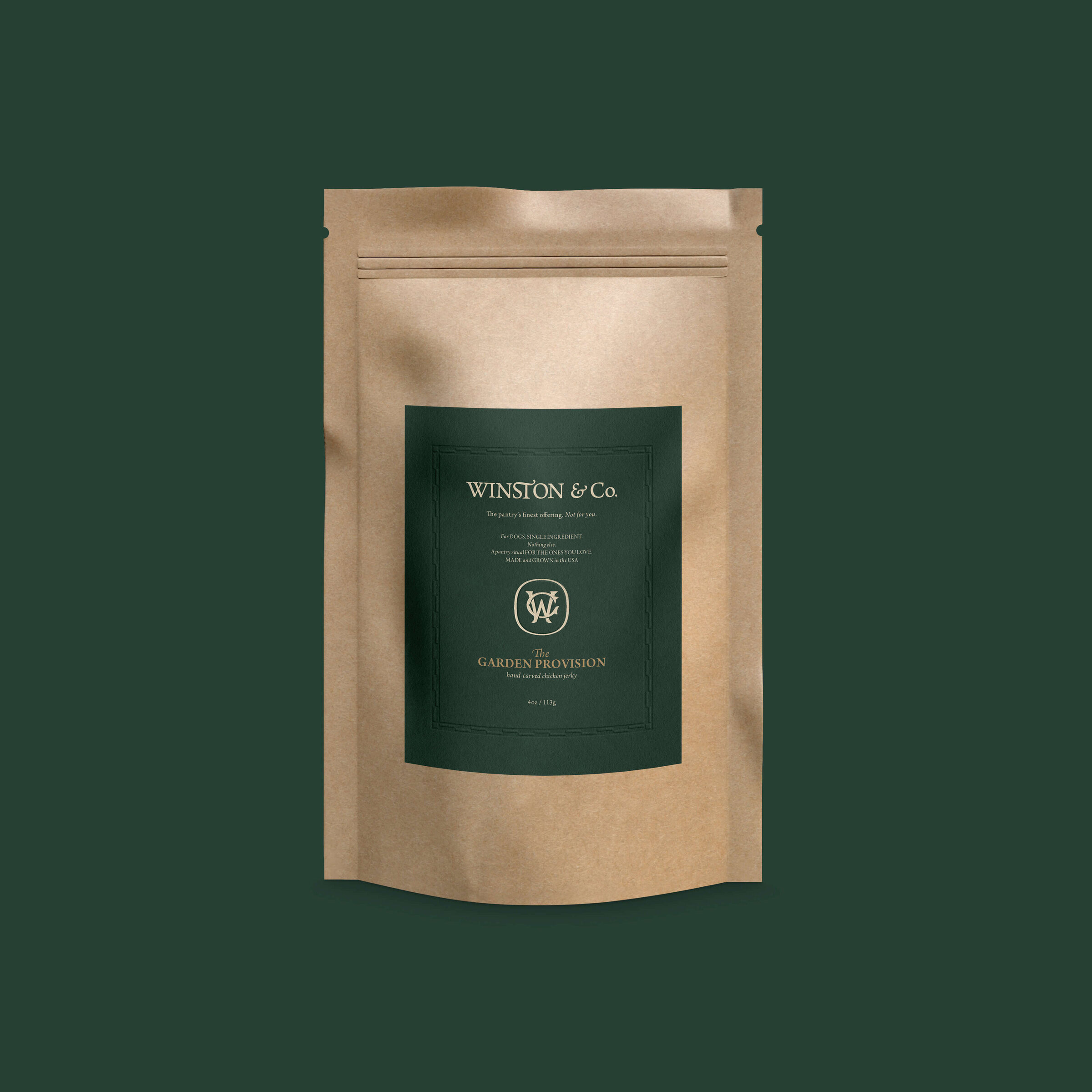 Refined packaging for a high-end dog treat brand, balancing sophistication with a playful, approachable feel for discerning pet owners.