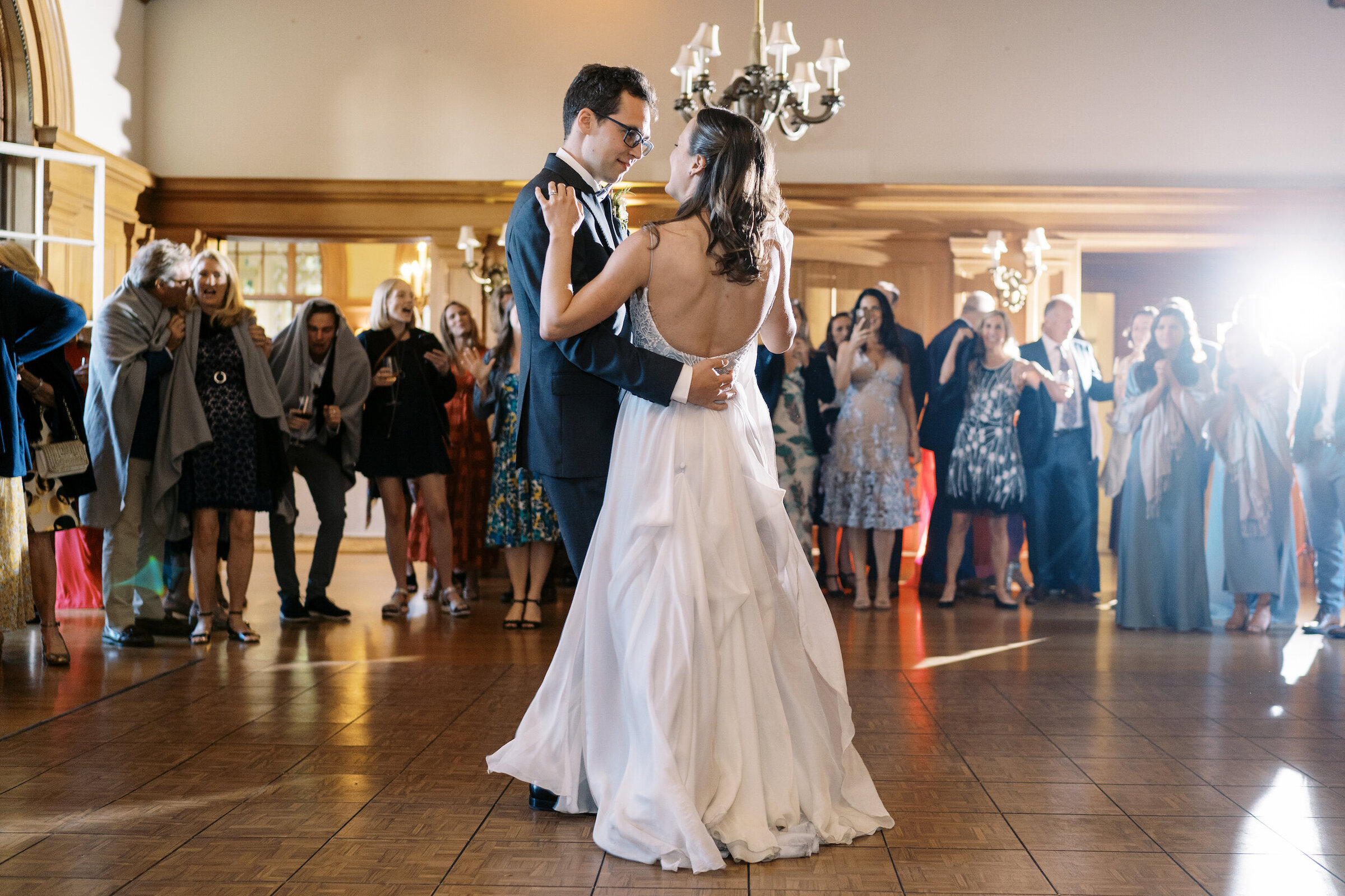 bride and groom first dance in historic ca ballroom