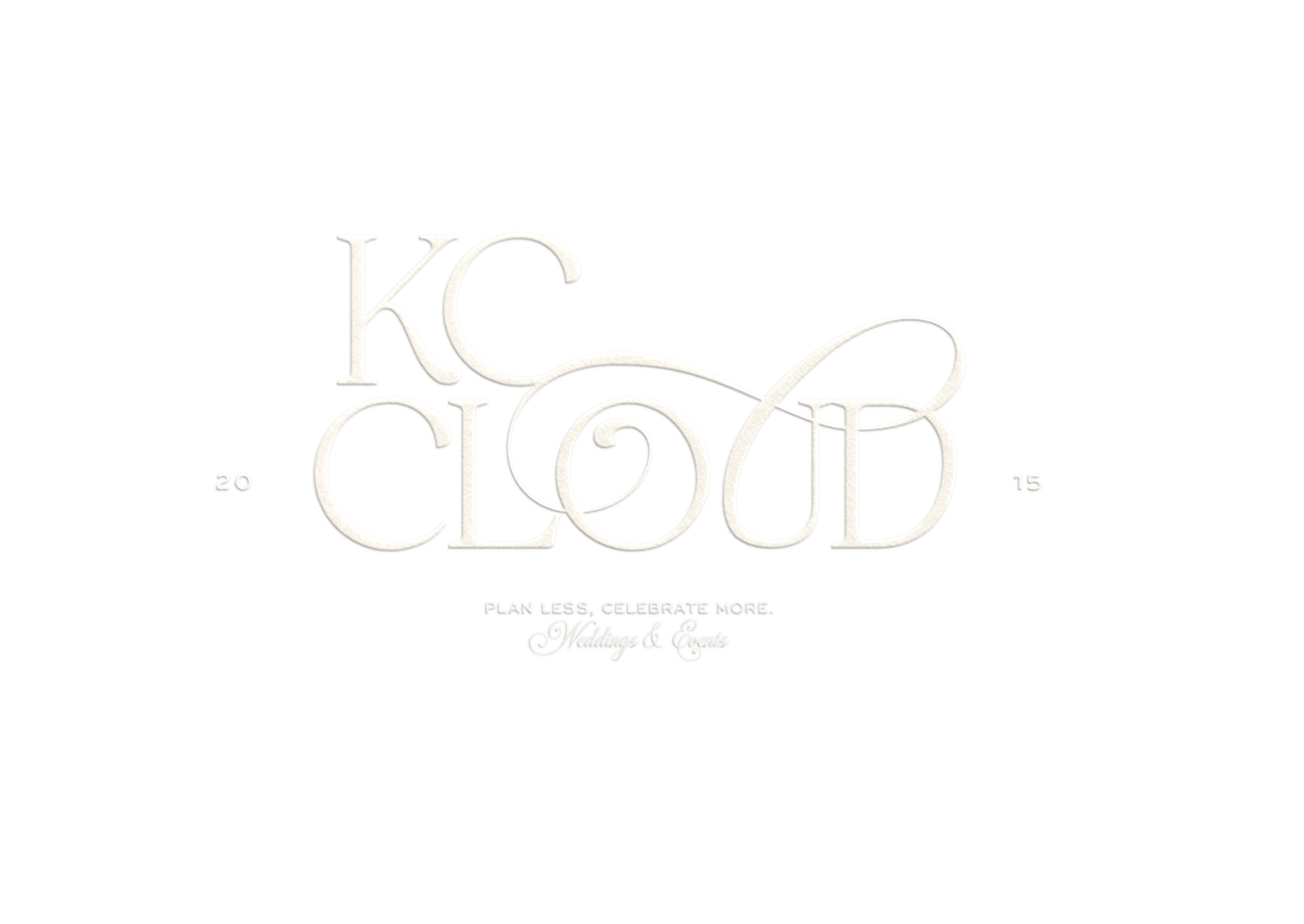 The letters KC sit above the word cloud, left aligned. Subtext on the business sits below. A flowing, swirly script complements it all.