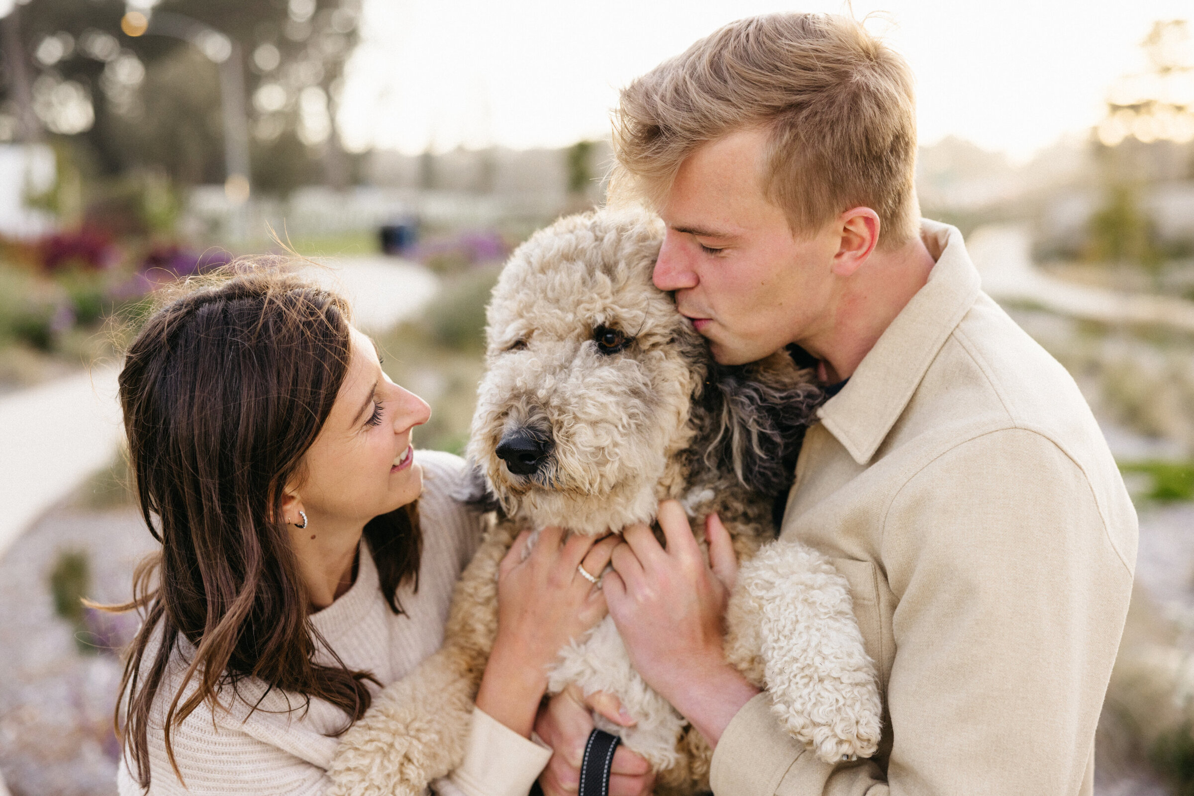 engagement session with dog, pup, san francisco beach, presidio