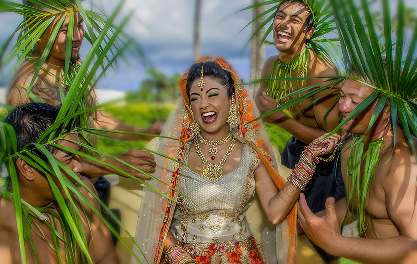 Indo9an bride on Maui has fun with her local helpers.