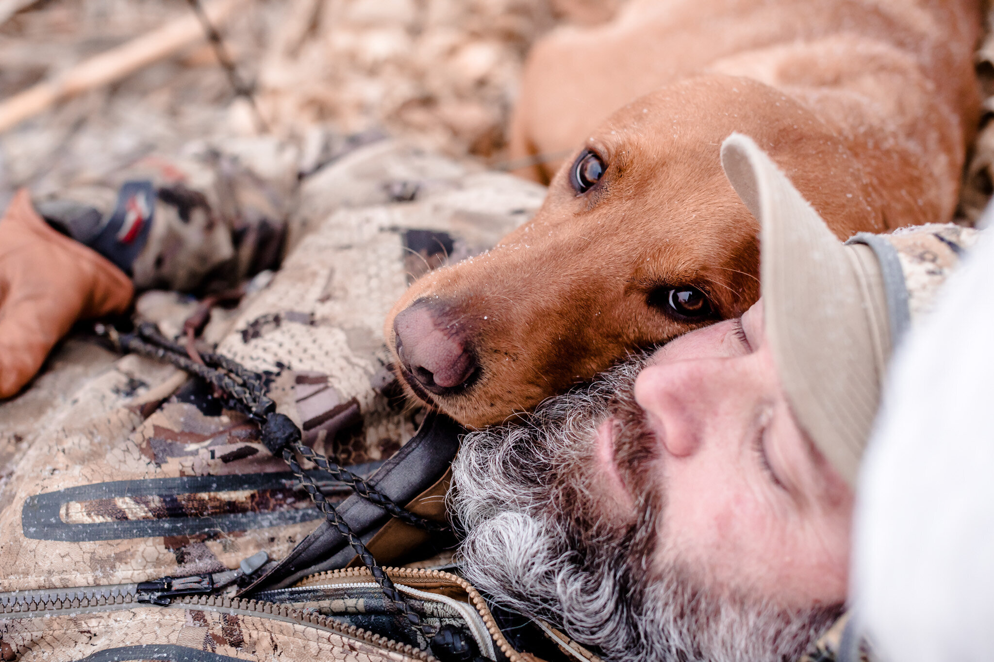 Hunter laying with his dog during a waterfowl hunt