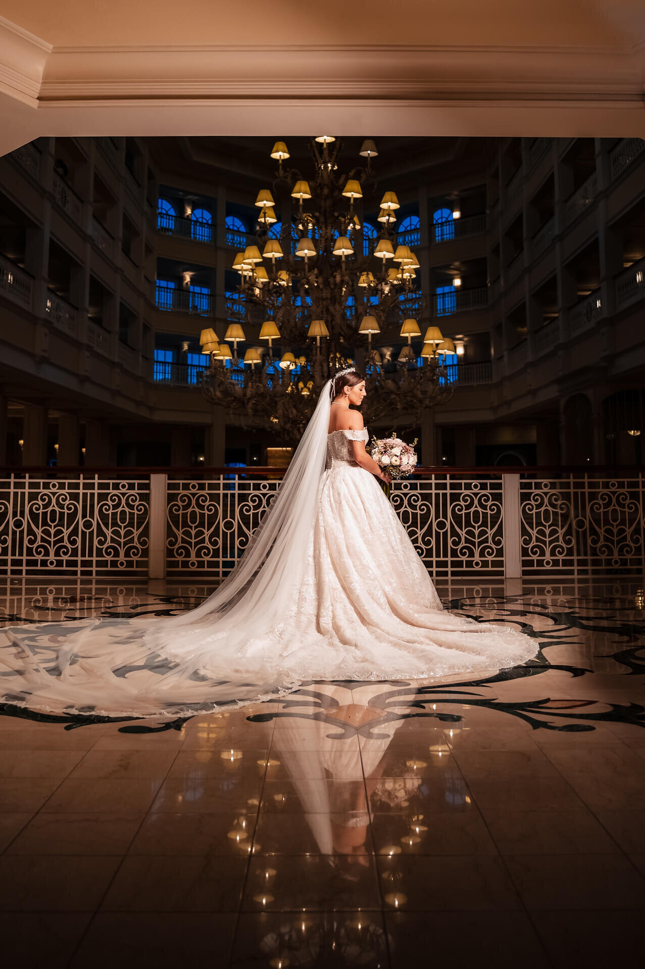 Destination-Wedding-Photographer-Disney-Grand-Floridian-Portrait-Reflection-Chandelier