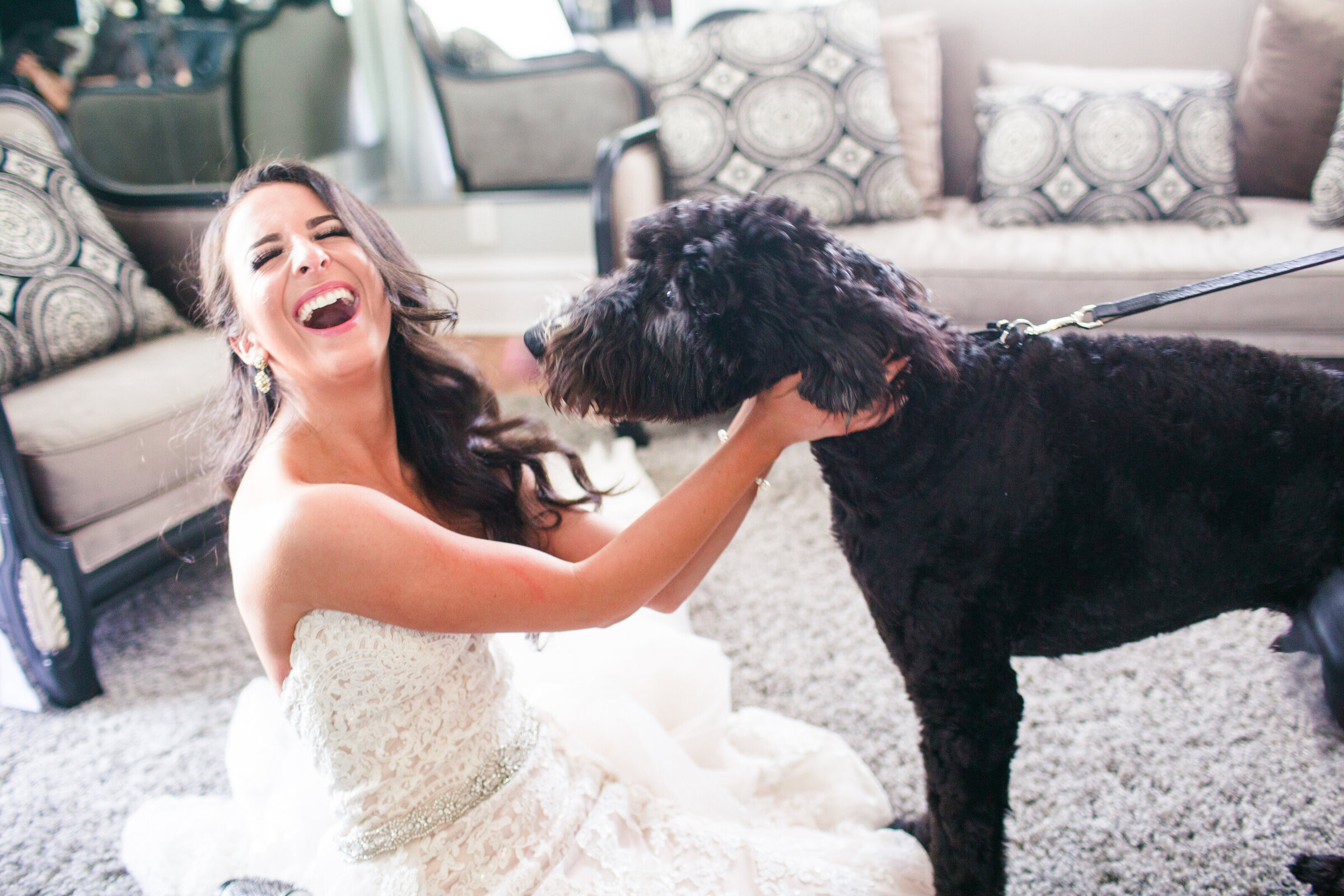 bride has a wedding first look with her dog, and she is laughing has her dog sees her in her wedding dress.