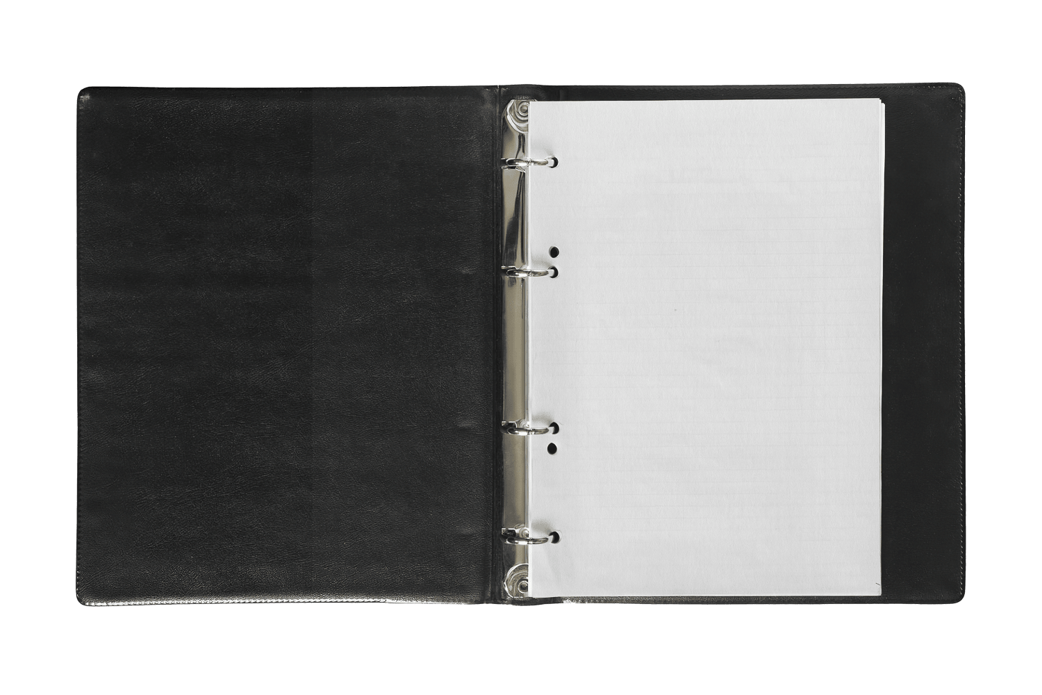 Open black 3-ring binder with blank paper