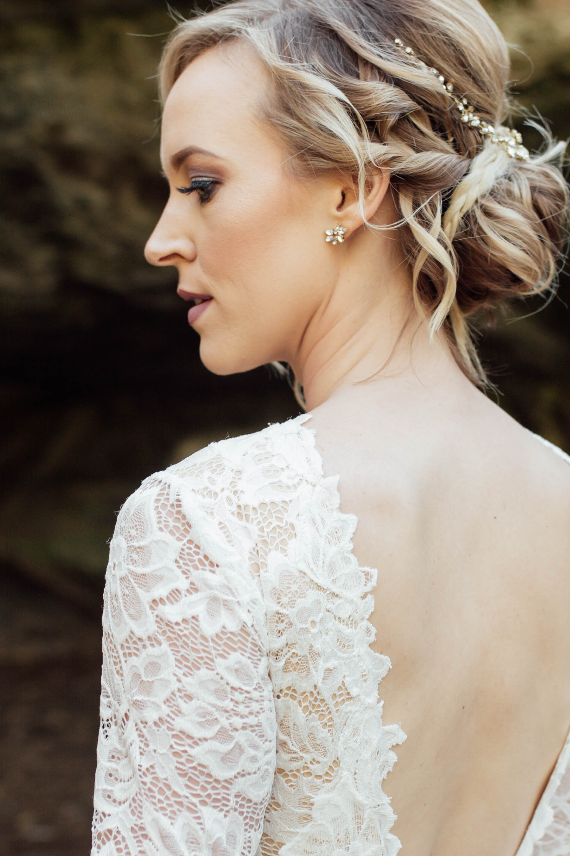 Close up of bride during bridal portraits. 