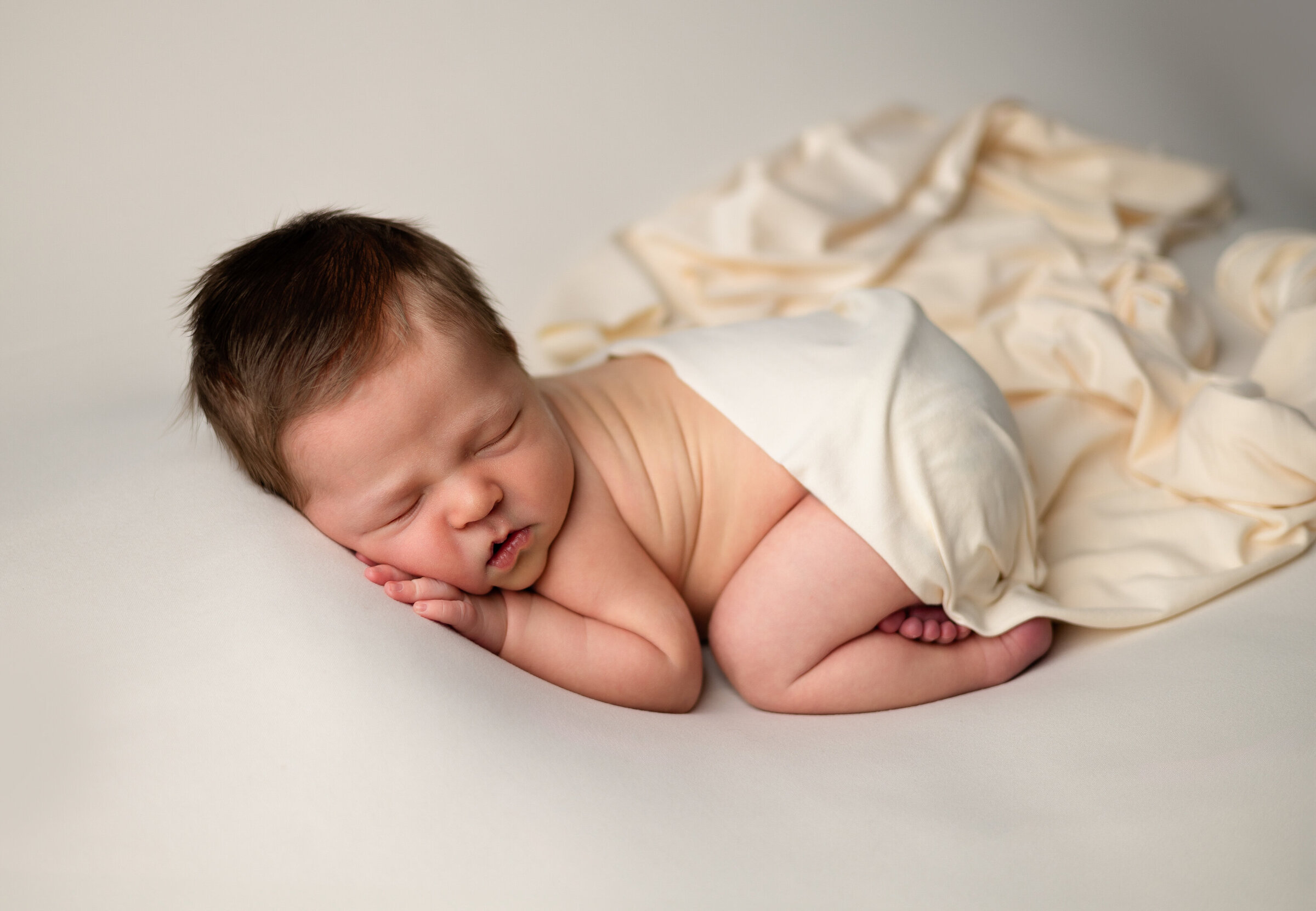 Newborn boy posed lying on belly on a cream backdrop