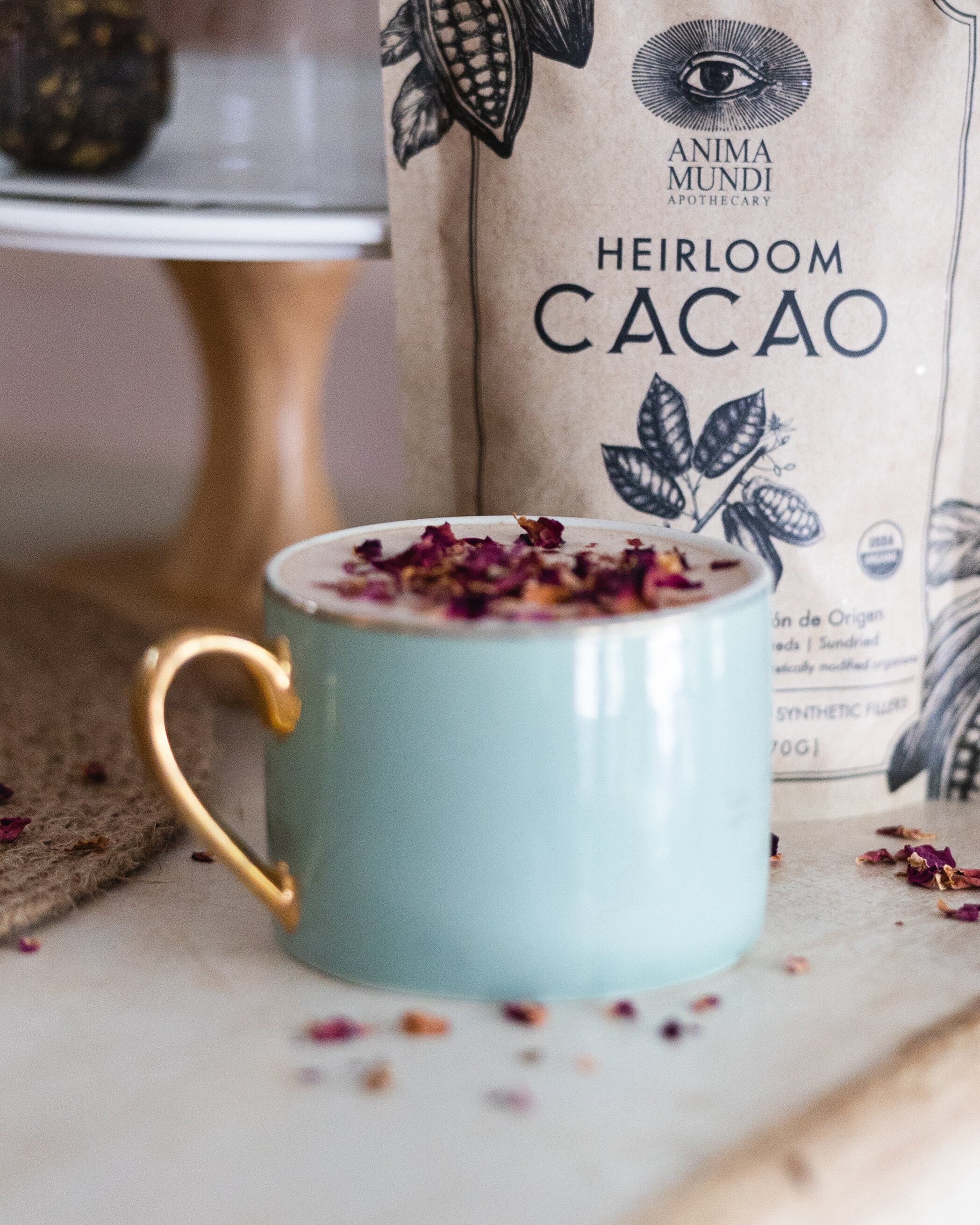 close up of heirloom cacao powder and drink food photography