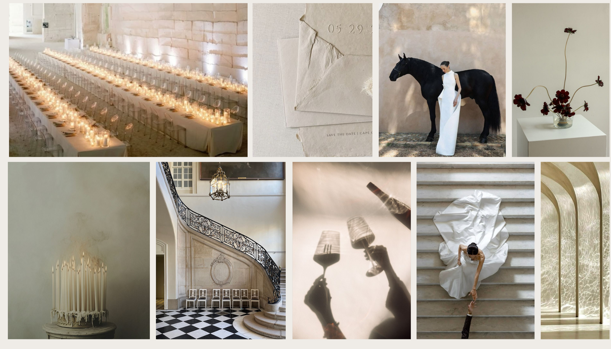 Clean Editorial wedding mood board with sculptural florals, architectural spaces, and minimalist details in black, white, and stone.