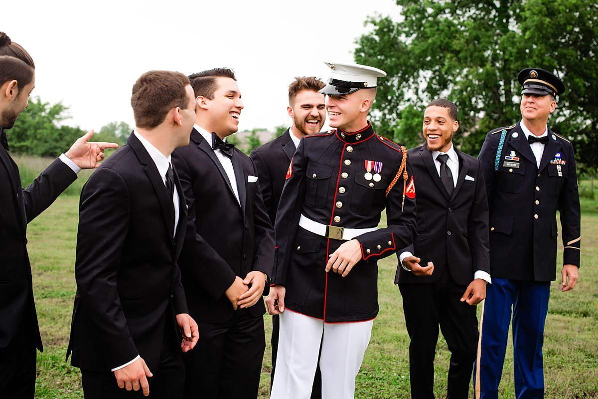 Marine groom with his groomsmen at park in Brentwood