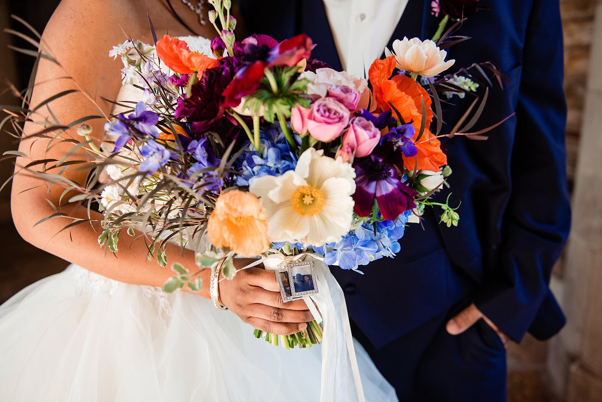 Vibrant Flower only bridal bouquet with purple, pink, orange, yellow and red flowers