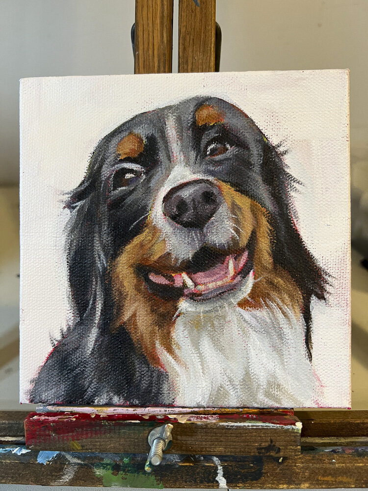 closeup painting of a happy dog