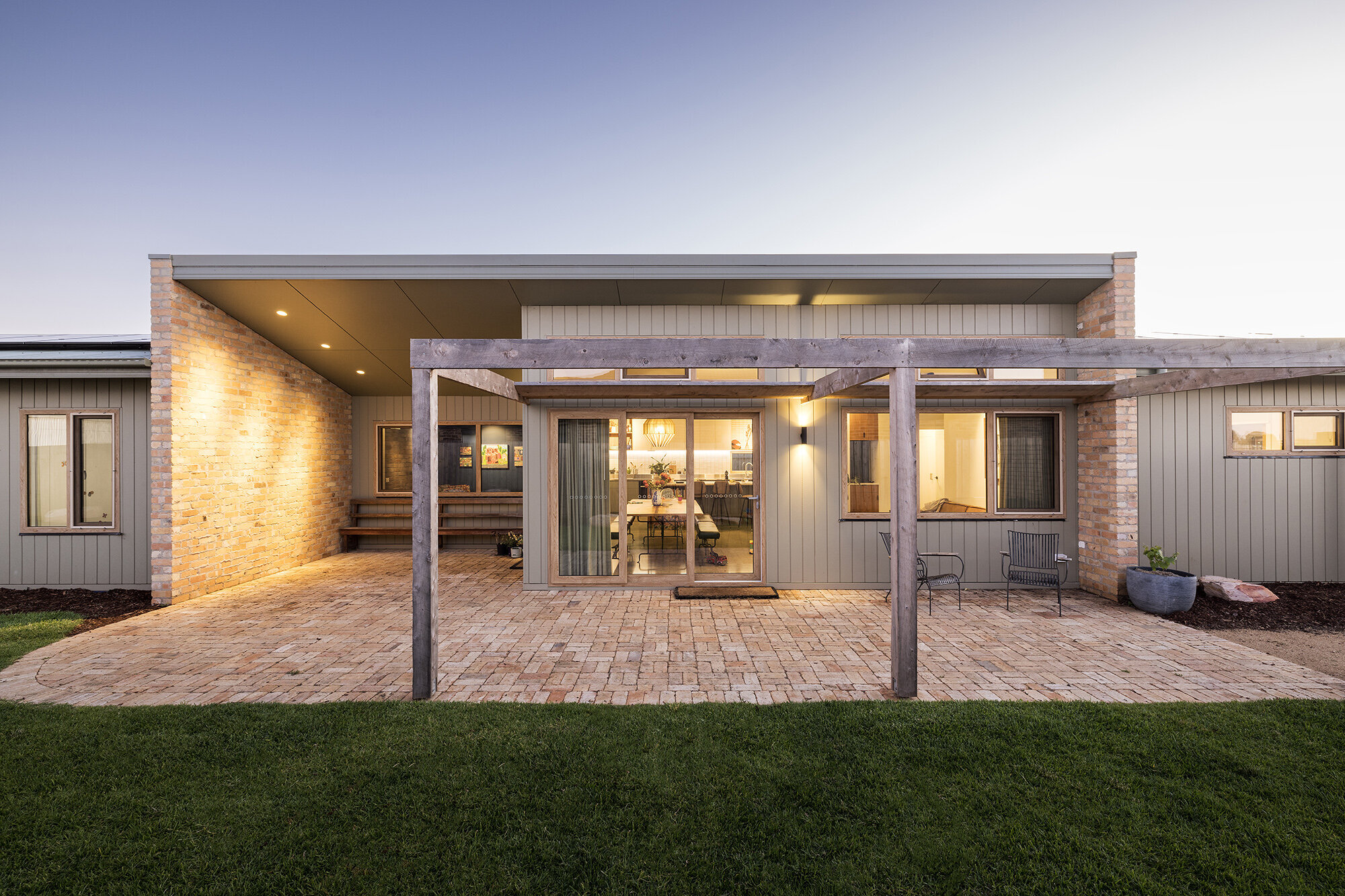 Home exterior square building design brick paving