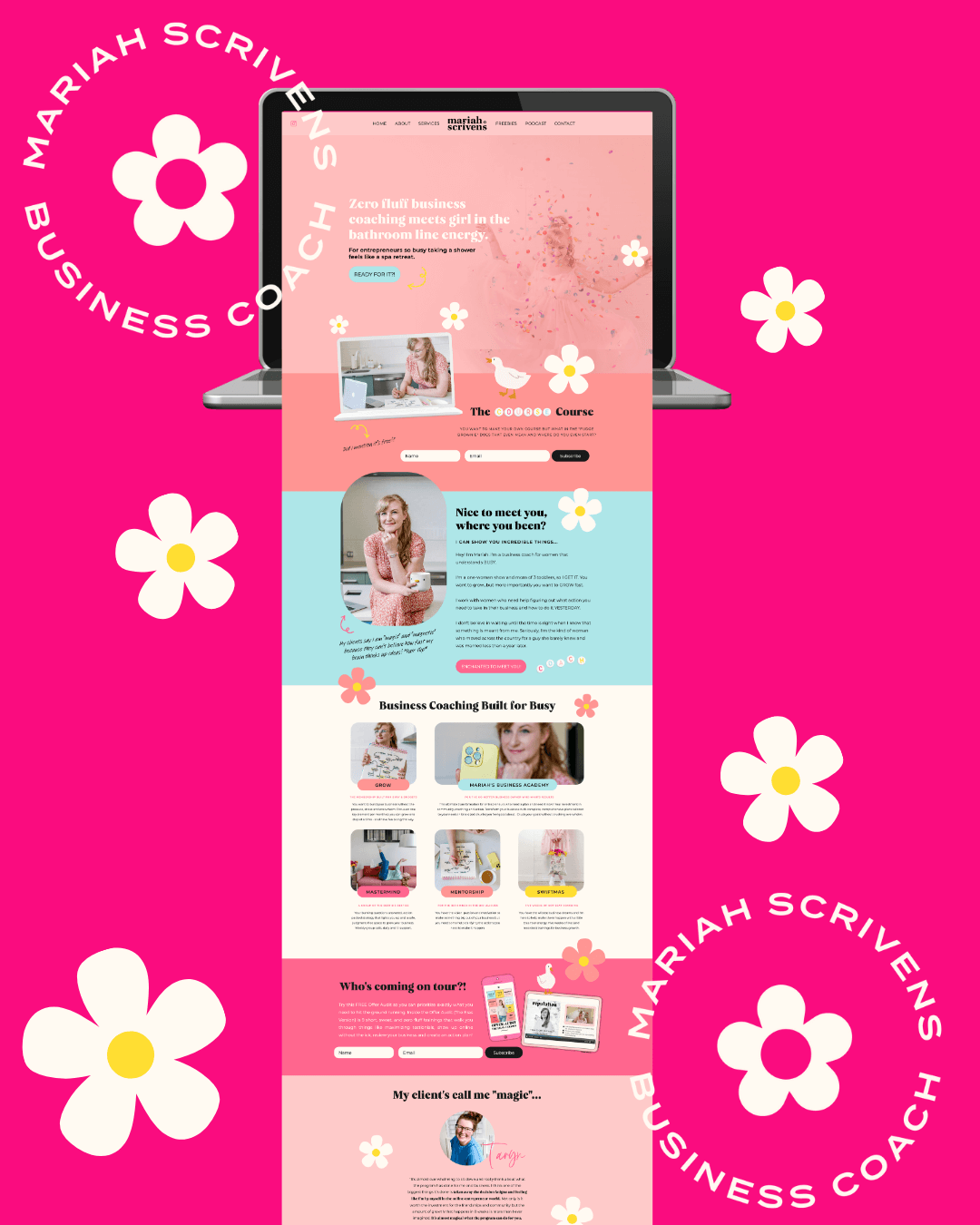 A stylish pink website with floral accents, designed by Emily, a brand and web designer for women.