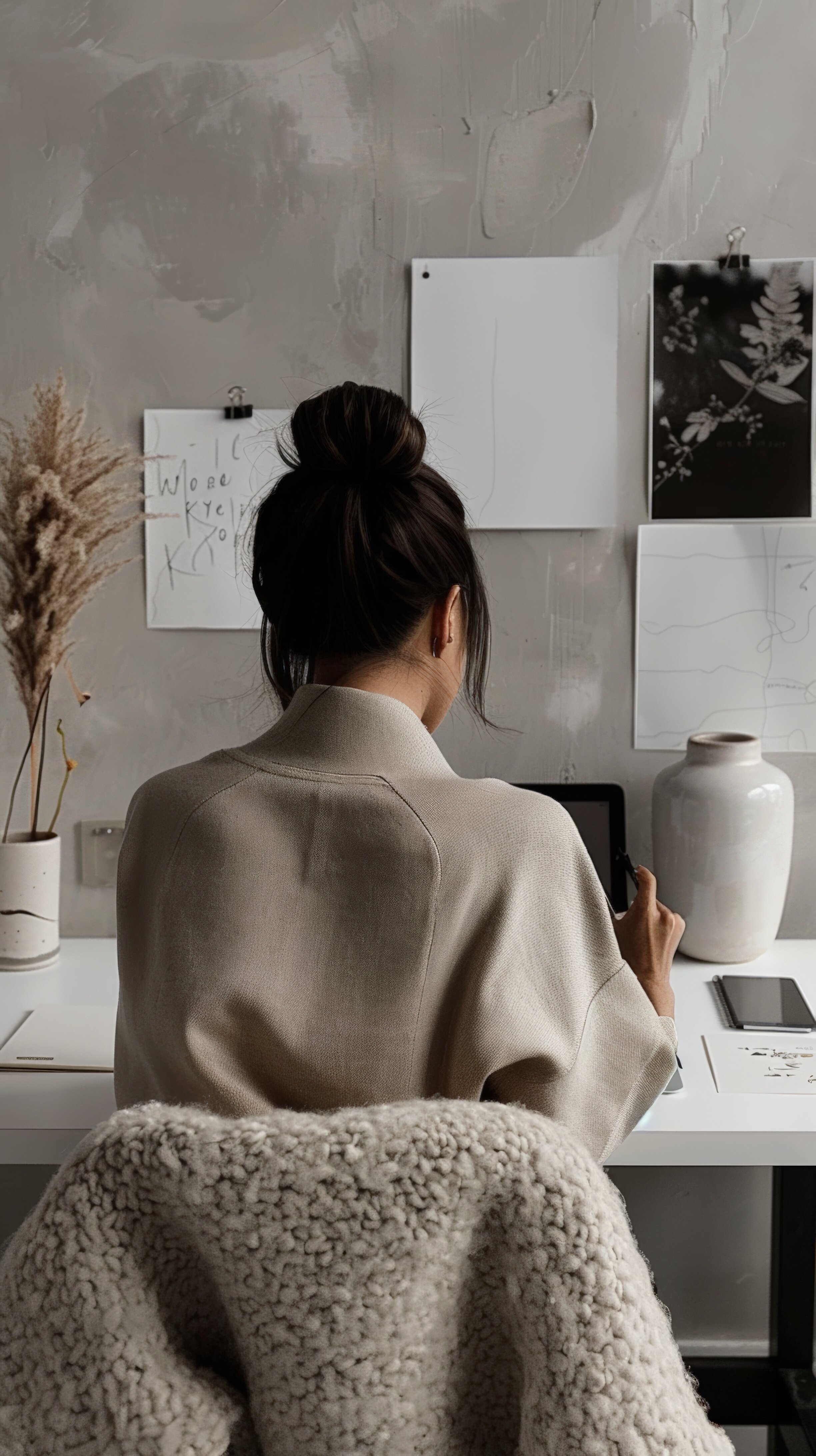 brunette girl with hair up in bun working at her desk
