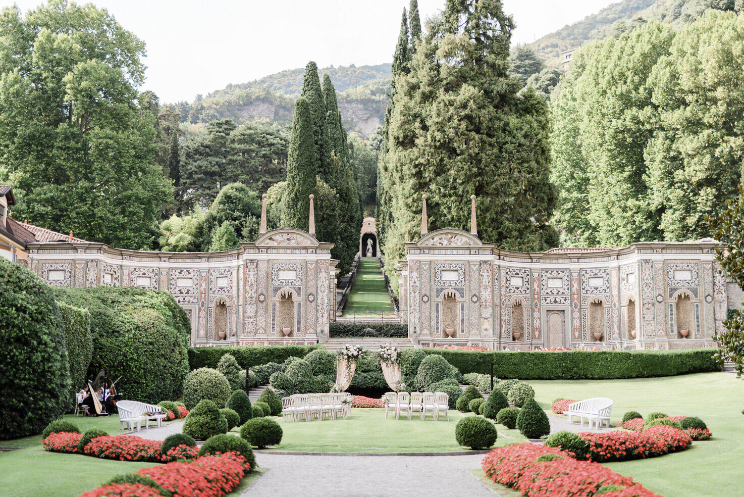 Villa d'Este garden wedding ceremony setup.