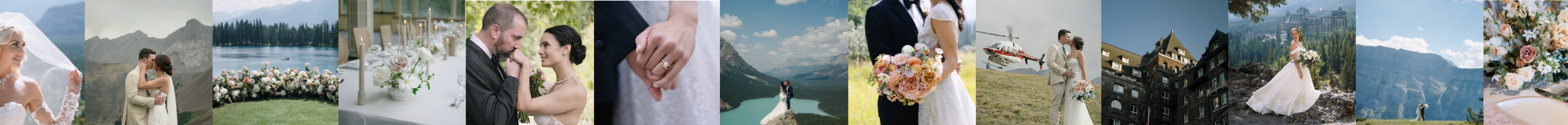 A panoramic collage of romantic wedding moments captured in scenic mountain settings. Images include couples embracing, exchanging rings, and posing against breathtaking backdrops like turquoise lakes, alpine peaks, and historic stone buildings. Elegant floral arrangements, table décor, and a helicopter highlight luxury details, while the overall tone conveys intimacy, adventure, and timeless beauty—reflecting Castano Films’ signature wedding cinematography style.