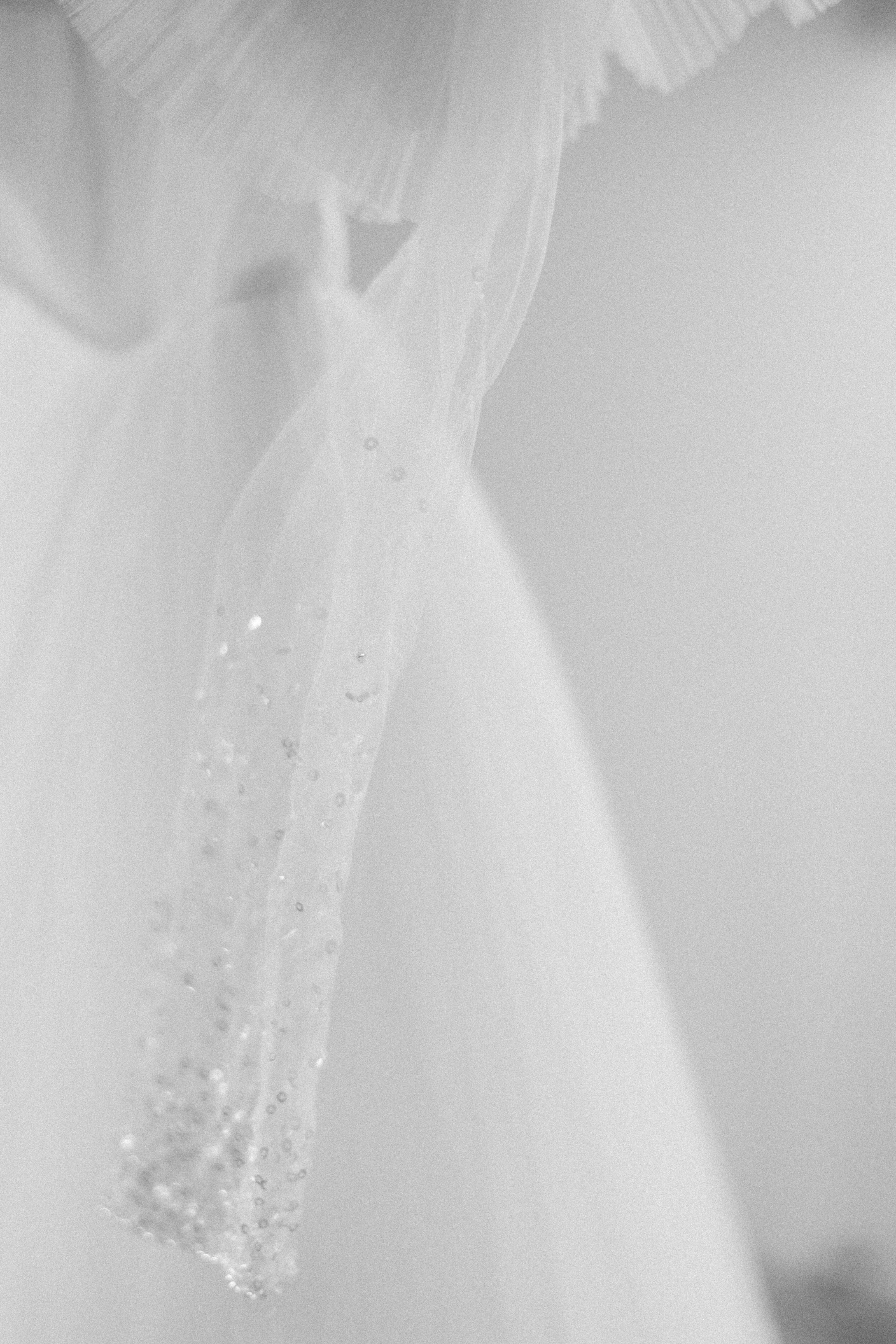 Black and white image of a sequin sleeve wedding gown