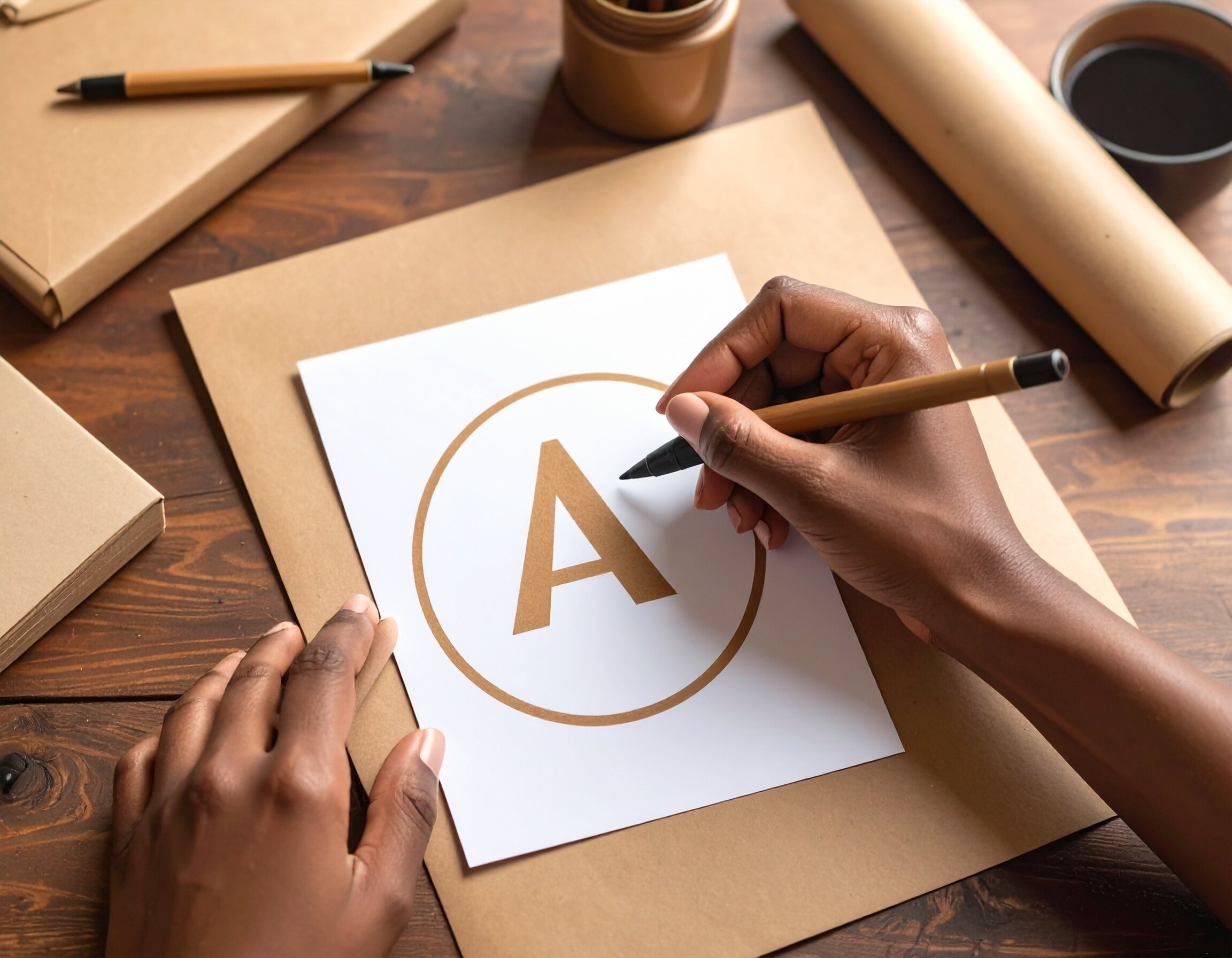 Firefly_African american female hands drawing a logo with an A on kraft paper 938127