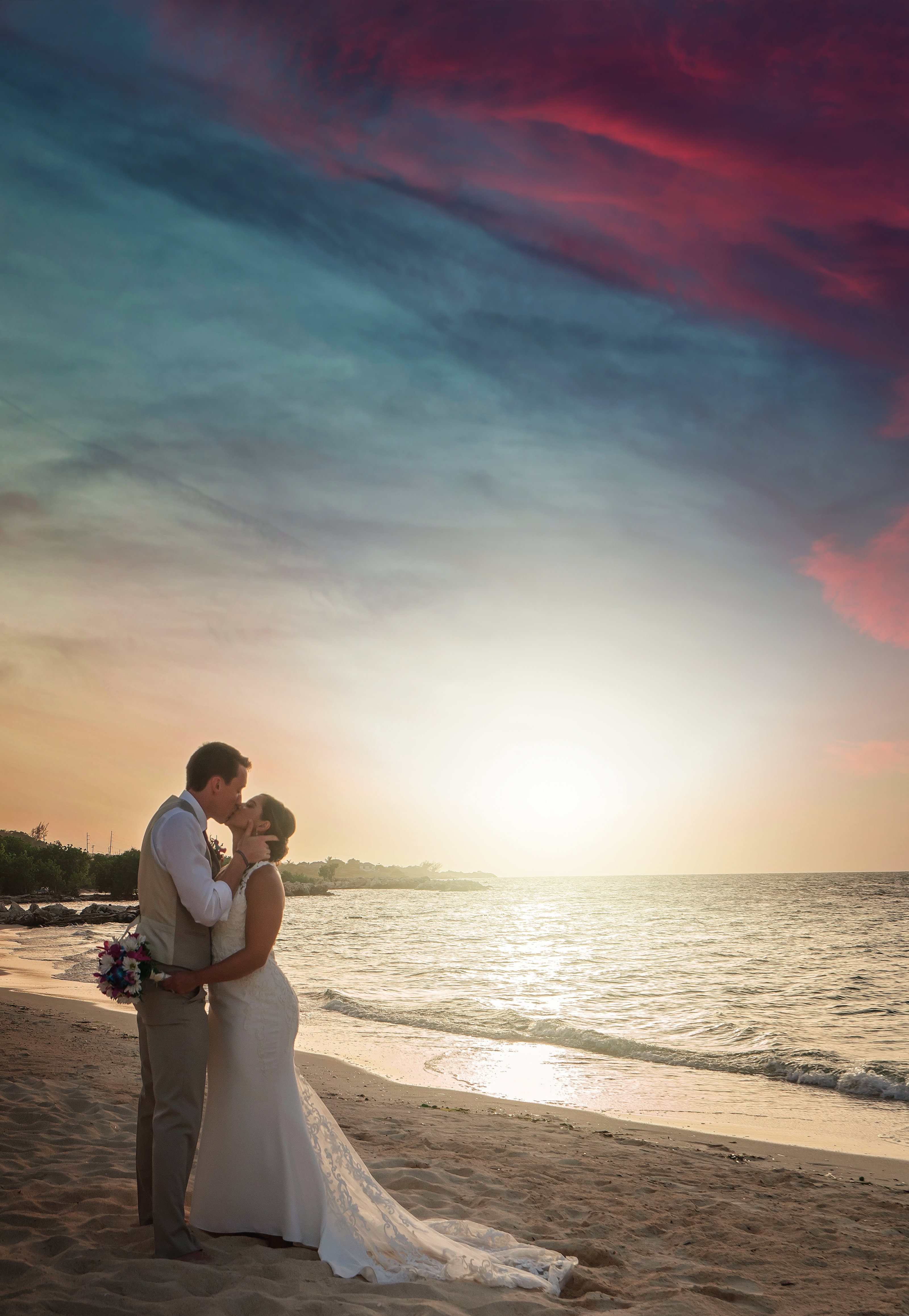 couple on the beach kissing jamaica wedding, beach wedding, 405 brides