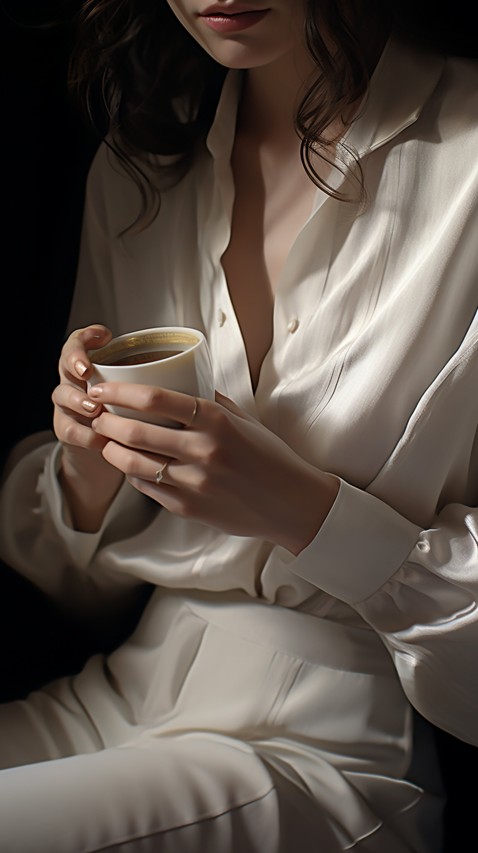 close up photo of a female holding coffee cup wearing all white.