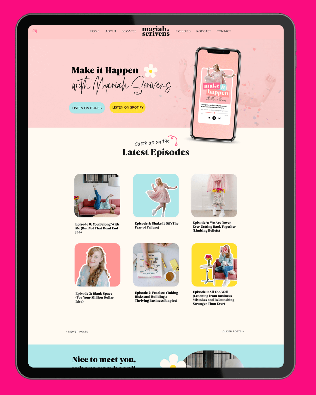 A colorful podcast page for business coach, designed by Emily, a brand and web designer for women.
