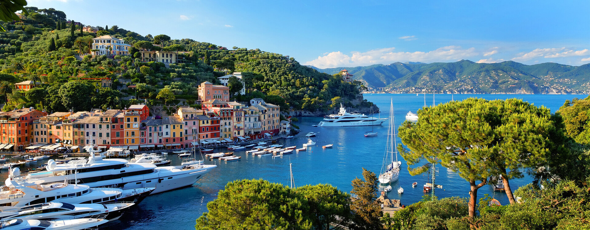 View of colorful Portofino harbor during a luxury fashion and shopping tour in Italy