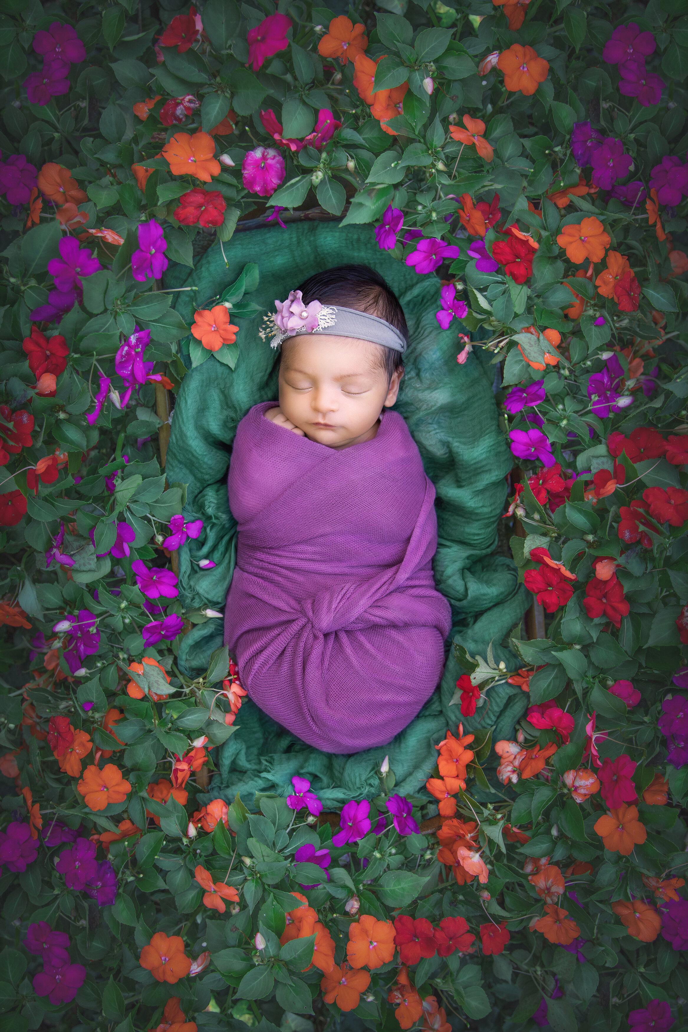 newborn  surrounded by flowers during artistic shoot with new jersey baby photographer.