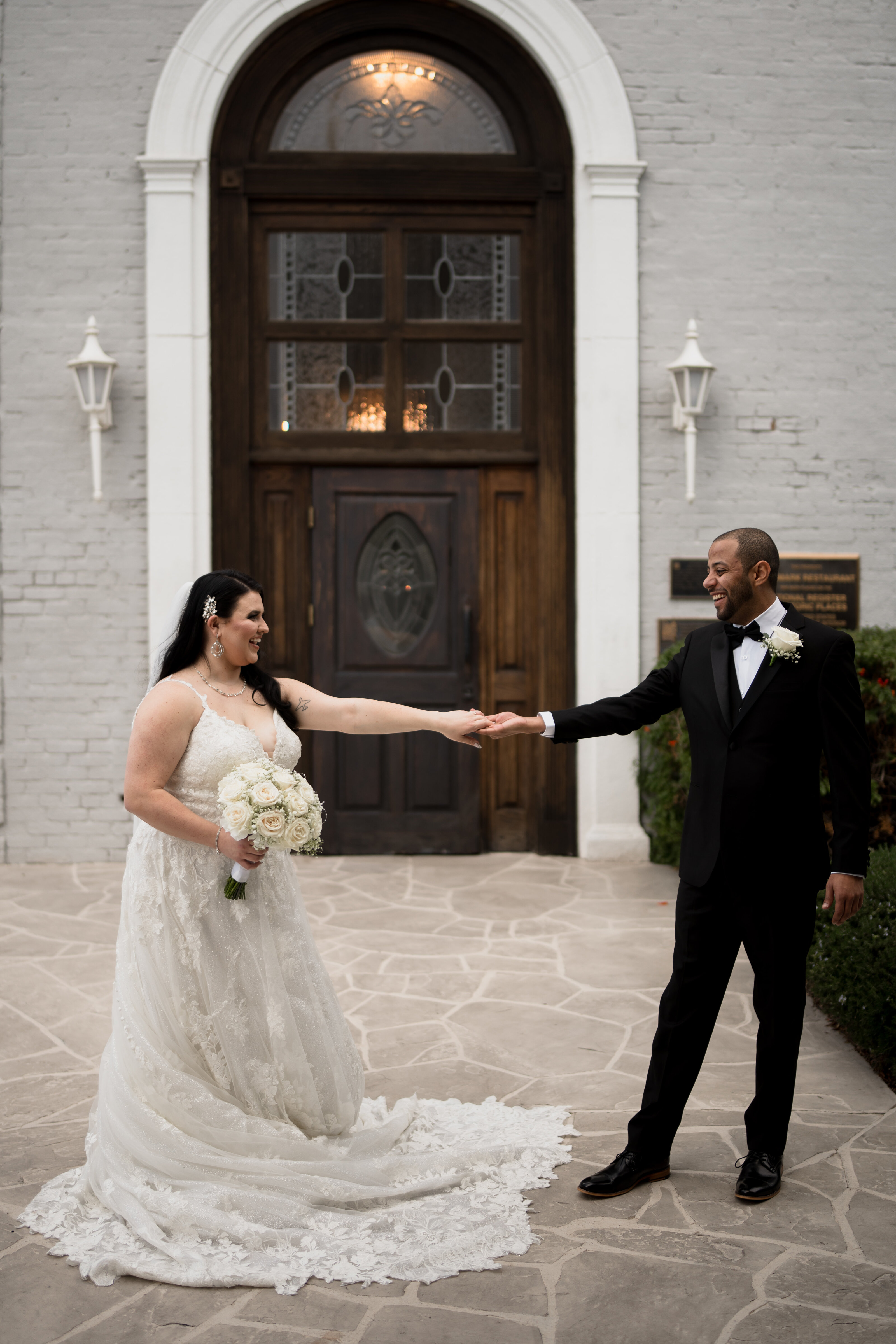couple does their first look on their wedding day at the landmark wedding venue in mesa arizona