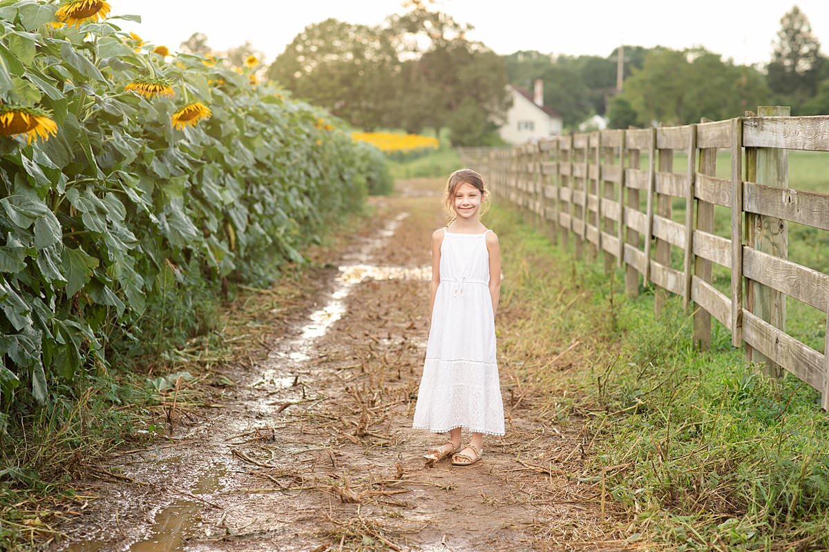 Little girl in long white dress standing next to sunflowers by Maryland Family Photographer