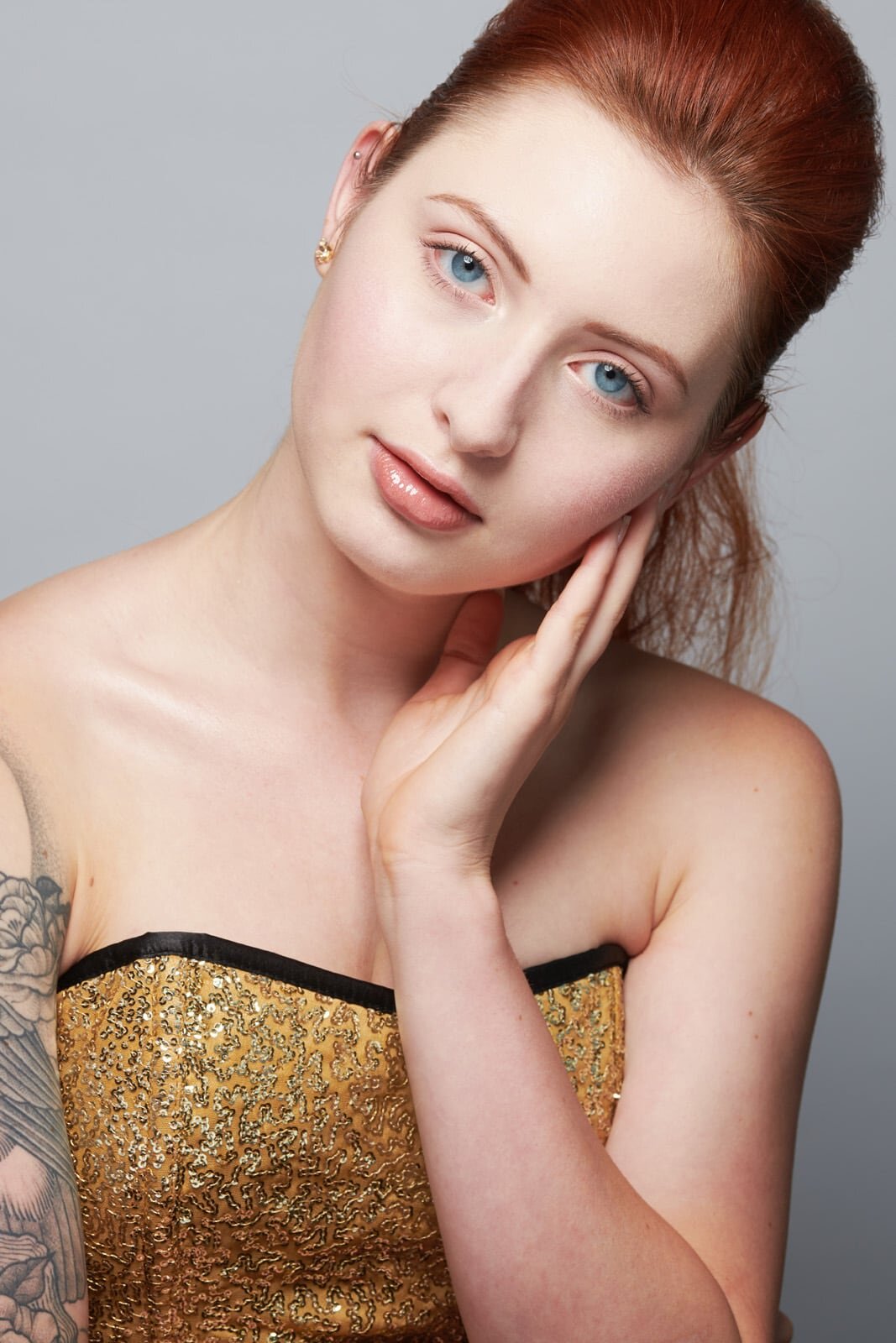 Elegant Fine Art Portrait of Woman in Golden Dress with Tattoo-70